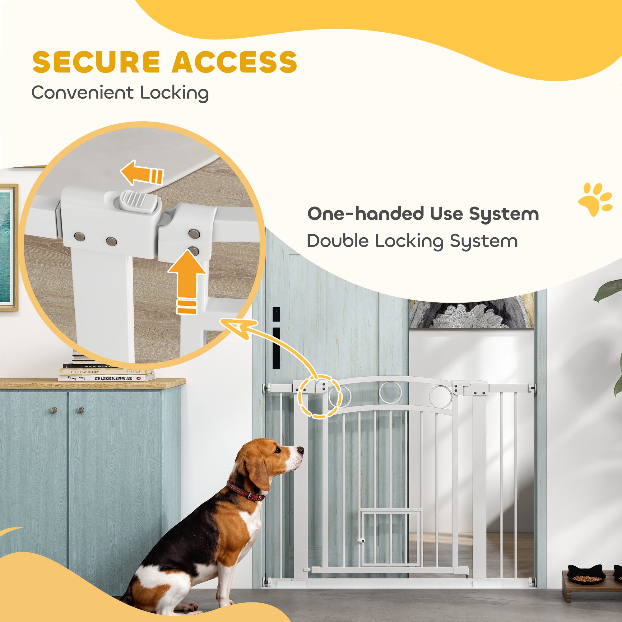 PawHut 77cm Tall Dog Gate with Cat Door, 7cm and 14cm Extensions, for Stairs, Doorways, 76-104cm Width - North Peak Garden Furniture