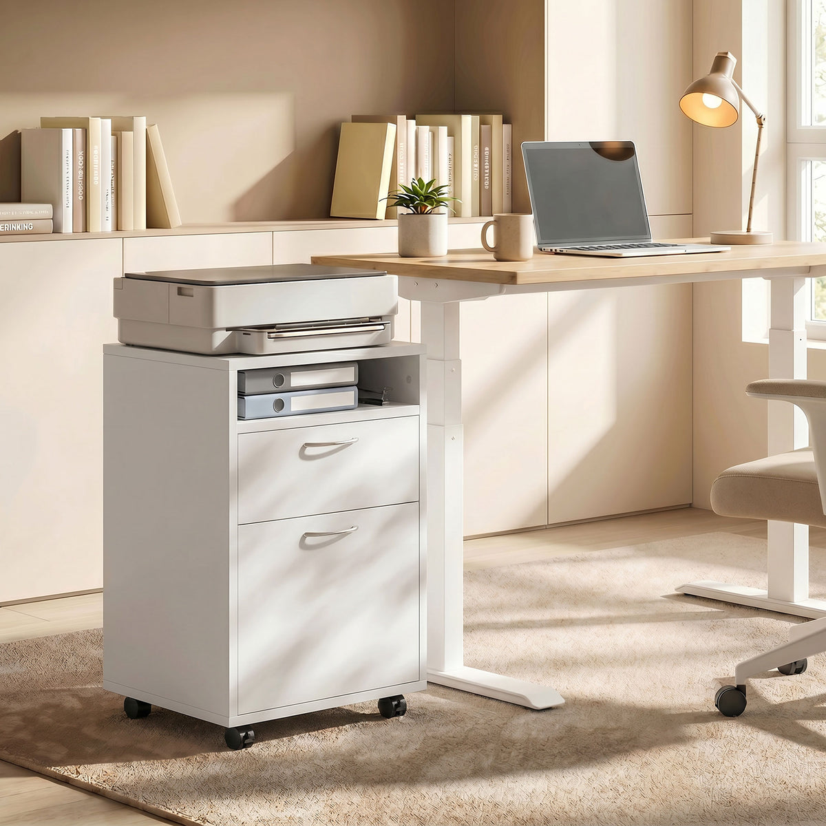 HOMCOM 60cm Storage Cabinet with Drawer, Open Shelf, Metal Handles and 4 Wheels, Office Home Organiser Mobile Printer, White