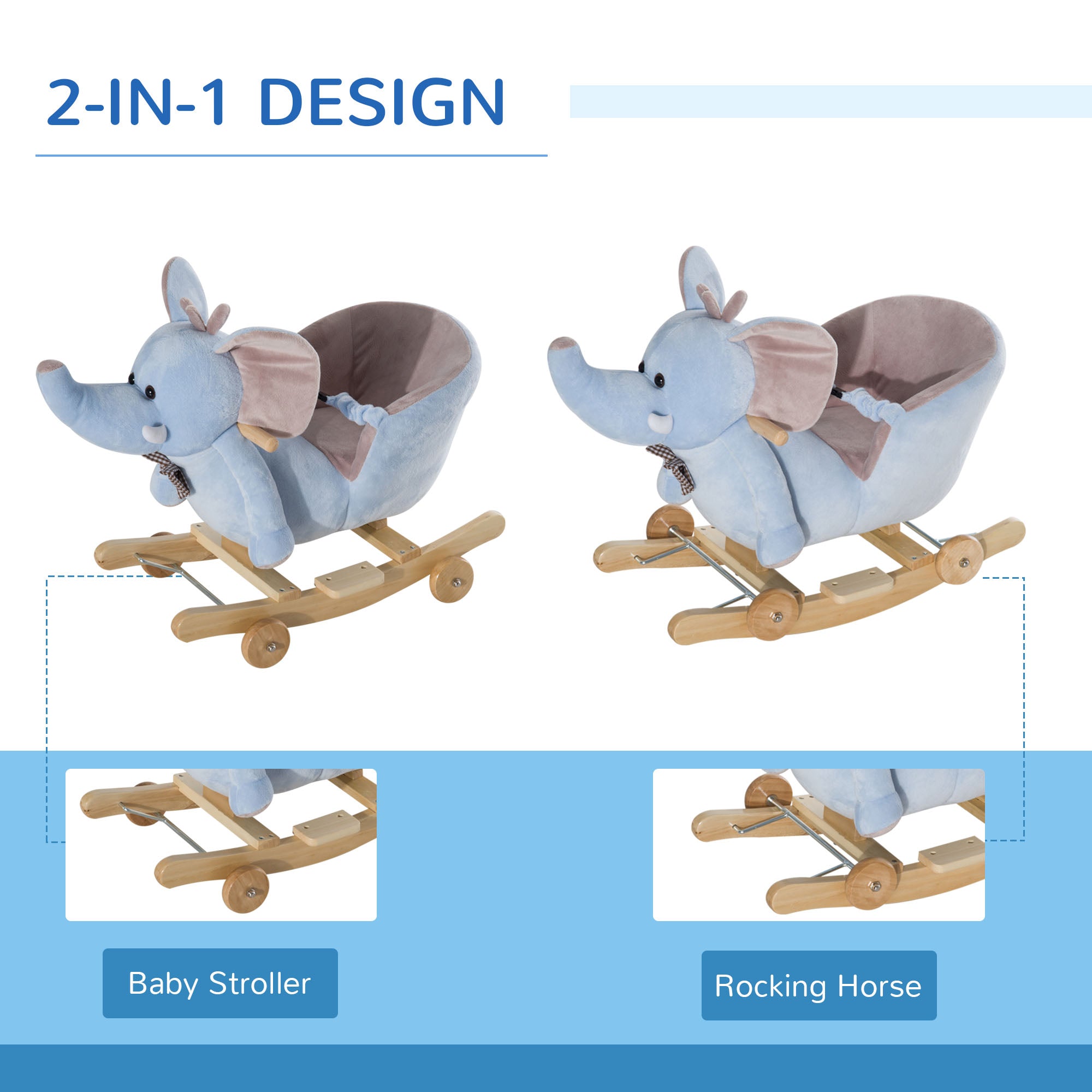 HOMCOM 2 In 1 Plush Baby Ride on Rocking Horse Elephant Rocker with Wheels Wooden Toy for Kids 32 Songs for 18+ Months (Blue) - North Peak Garden Furniture