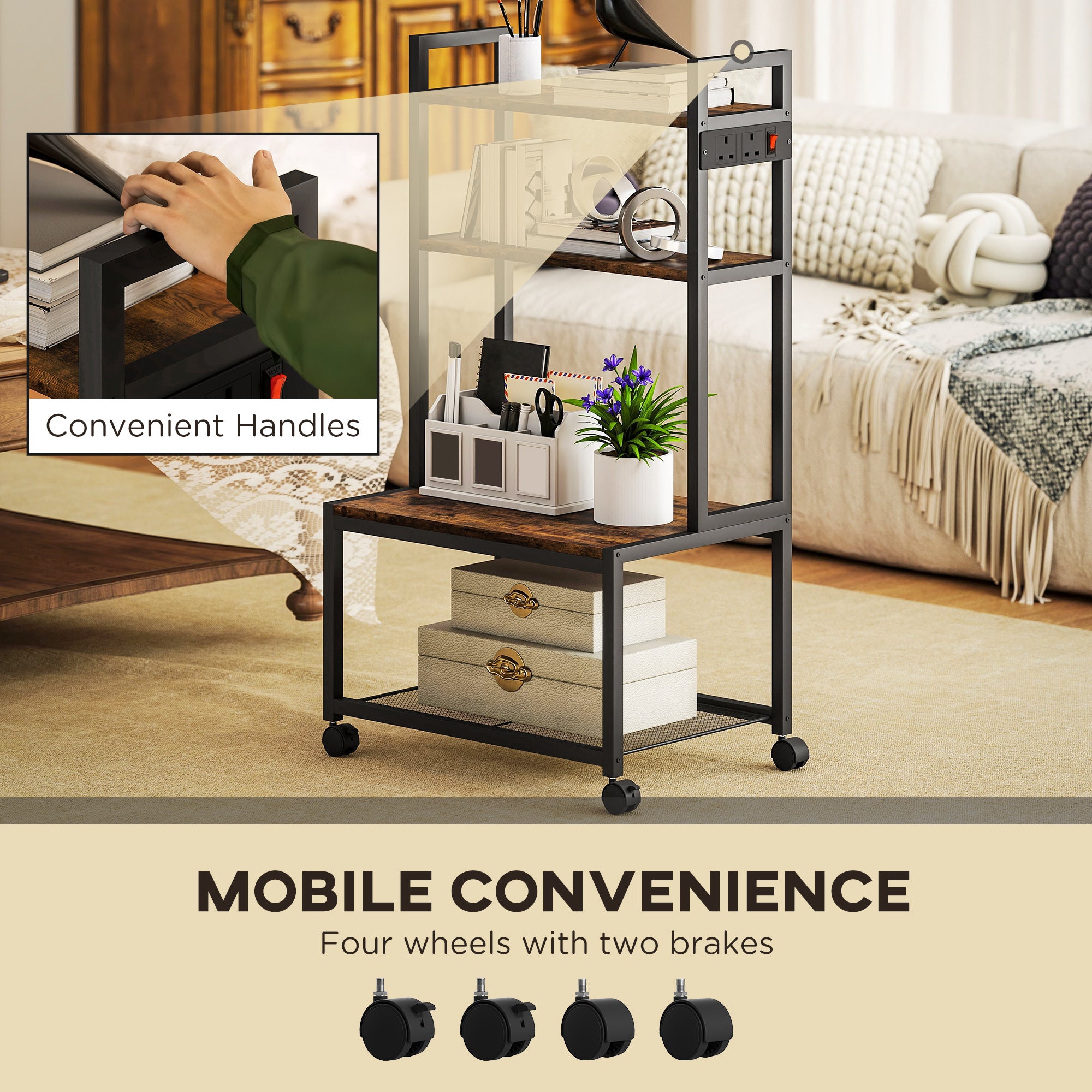 HOMCOM 4-Tier Printer Stand with Power Outlets and Wheels - Rustic Brown