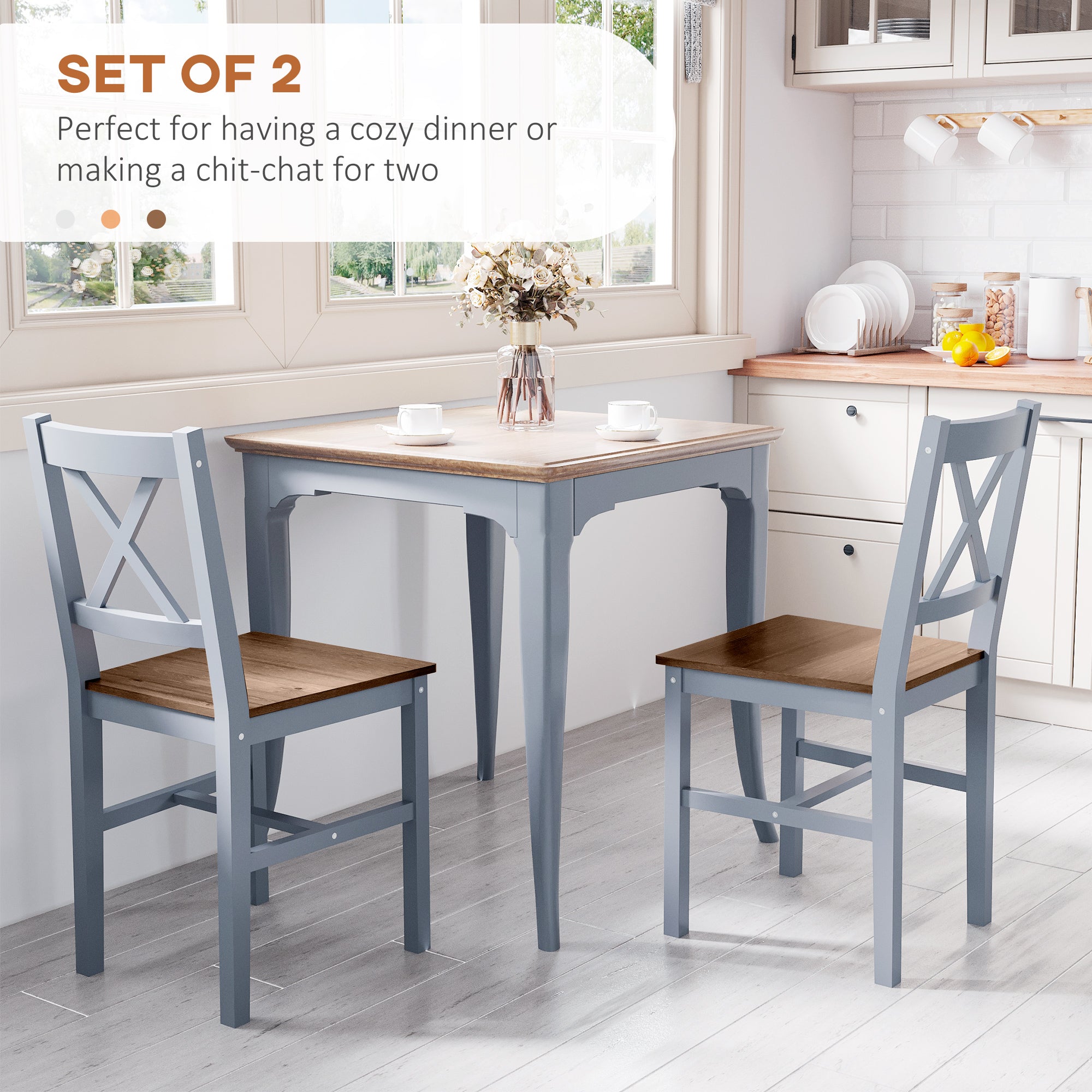 HOMCOM Dining Chairs Set of 2, Pine Wood Kitchen Chairs with Cross Back, Solid Structure for Living Room and Dining Room, Grey - North Peak Garden Furniture