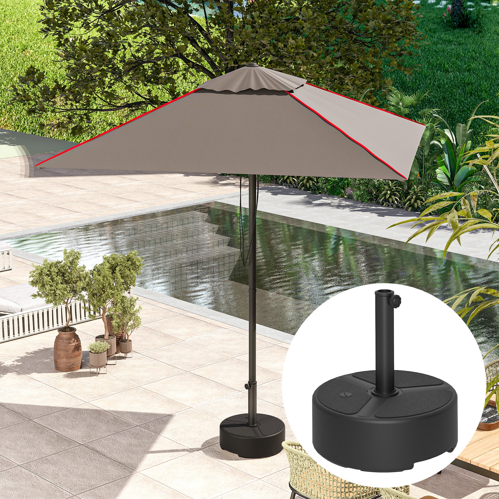 Outsunny Round Garden Parasol Base, Garden Umbrella Stand Heavy Duty Parasol Base, Filled Up to 20kg with Stand or 18kg with Water for 38, 48 mm Poles, Black - North Peak Garden Furniture