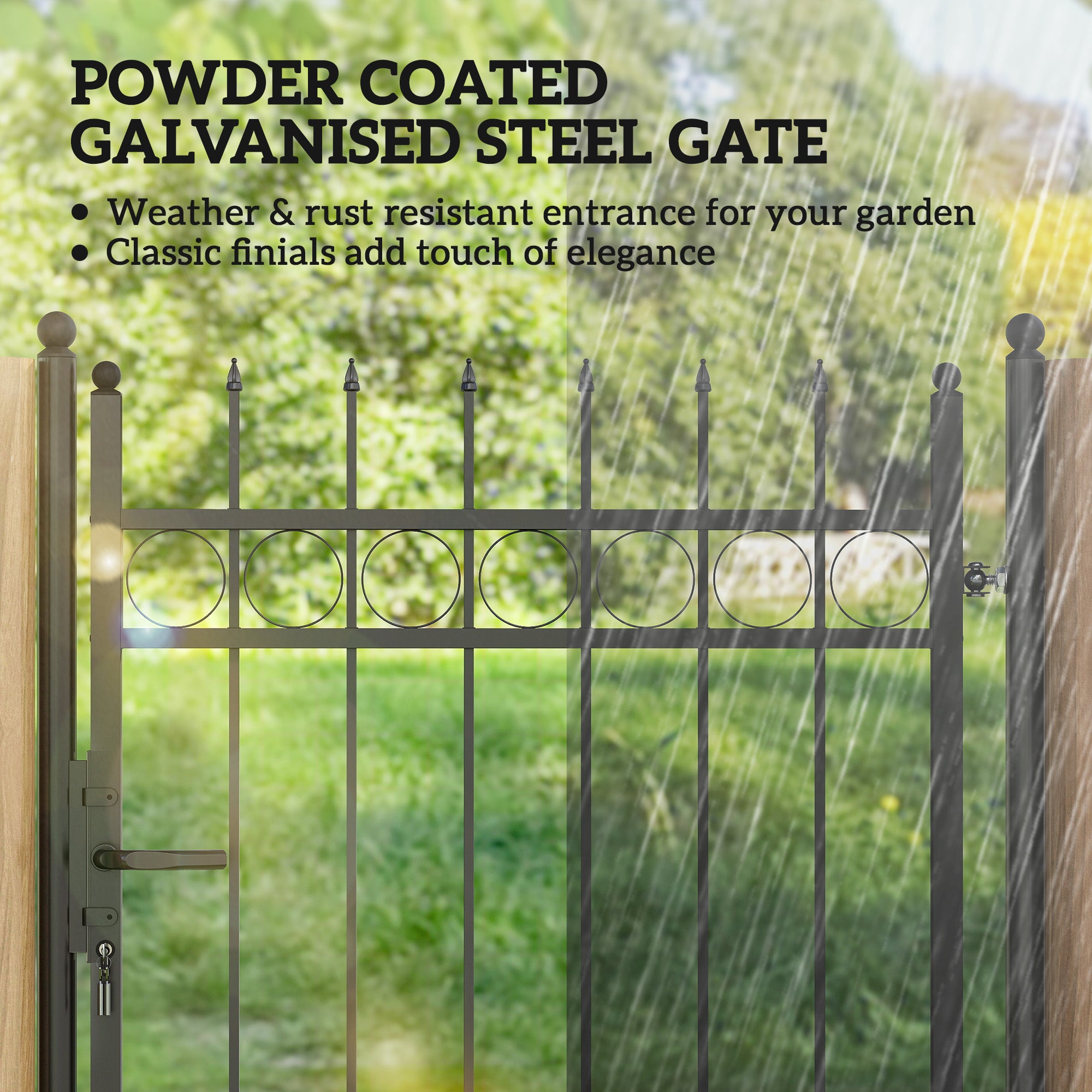 Outsunny Galvanised Steel Garden Gate, Outdoor Fence Gate Security Barrier with Lock, Keys and Handle, Outdoor Entrance Way Door with Classic Finials, 105 x 204 cm, Black - North Peak Garden Furniture