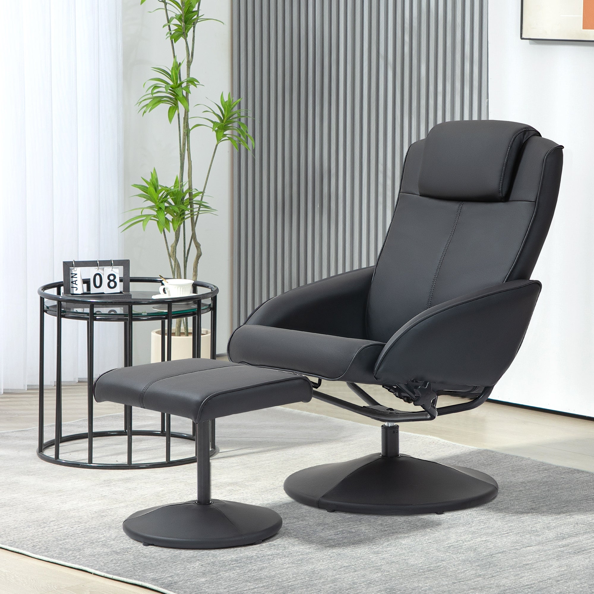 HOMCOM Faux Leather Reclining Chair and Footstool - Black - North Peak Garden Furniture