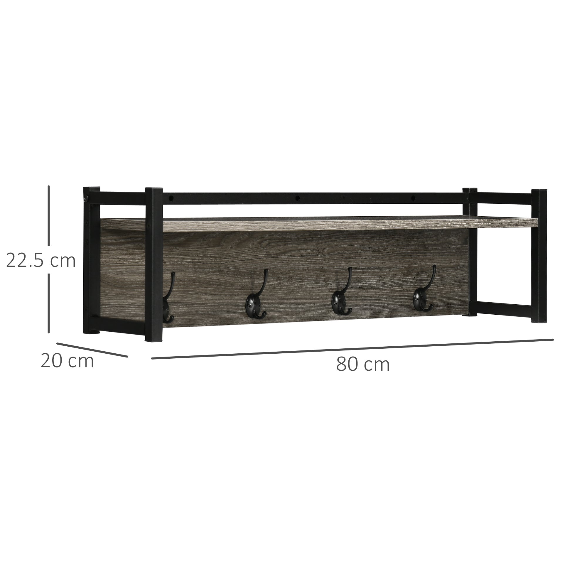 HOMCOM Wall Coat Rack with 4 Hooks Floating Shelf with Storage Rack for Keys, Clothes, Bags for Hallway, Entryway, 80 x 20 x 22.5 cm, Grey - North Peak Garden Furniture
