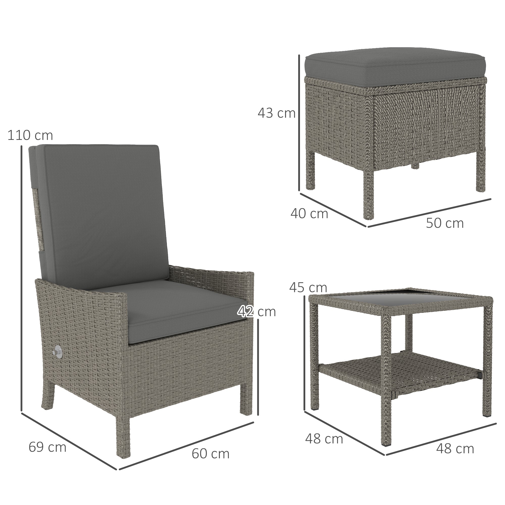 Outsunny 5 Piece Rattan Garden Furniture Set, Wicker Patio Sofa Set with 2 Armchairs, 2 Footstools, Glass Top Coffee Table with Shelf, Outdoor Furniture with Adjustable Backrests, Cushions, Dark Grey - North Peak Garden Furniture