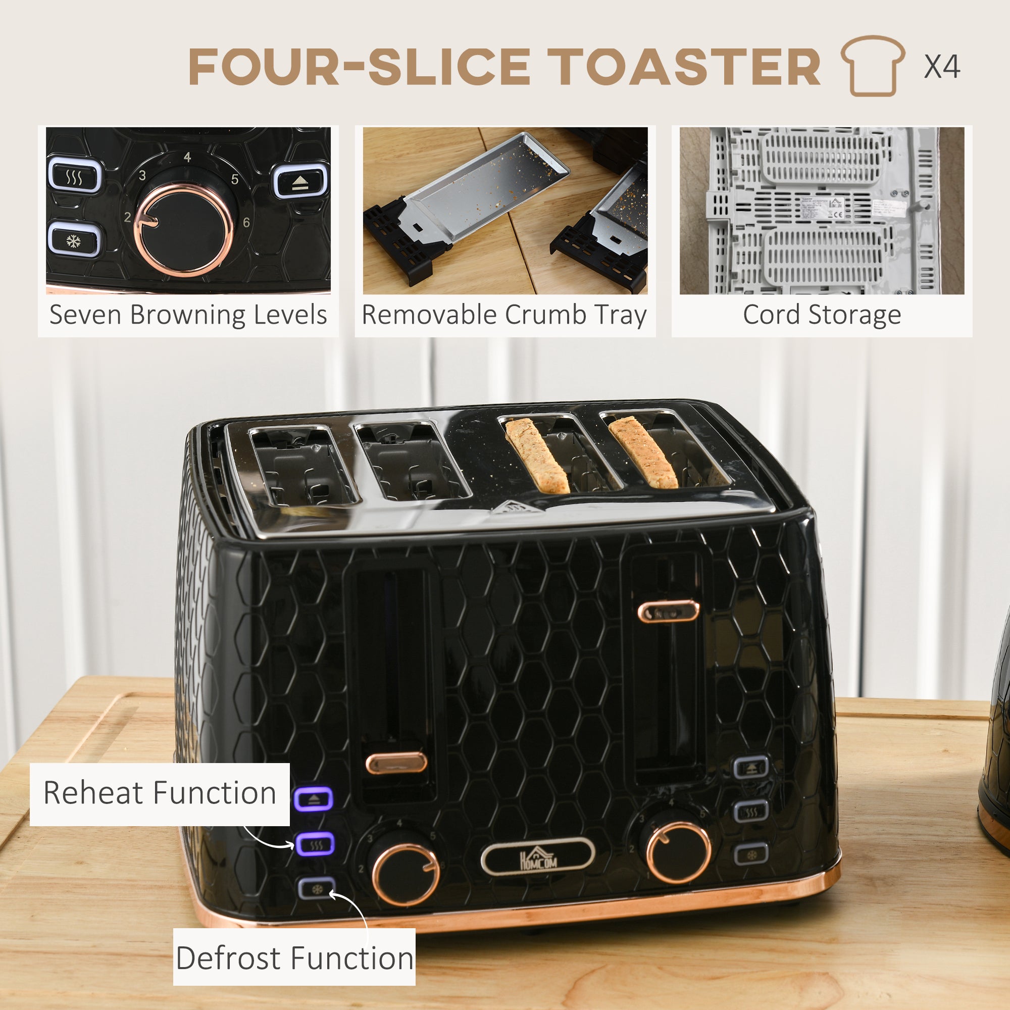 HOMCOM 1.7L 3000W Fast Boil Kettle & 4 Slice Toaster Set, Kettle and Toaster Set with 7 Browning Controls, Crumb Tray, Black - North Peak Garden Furniture