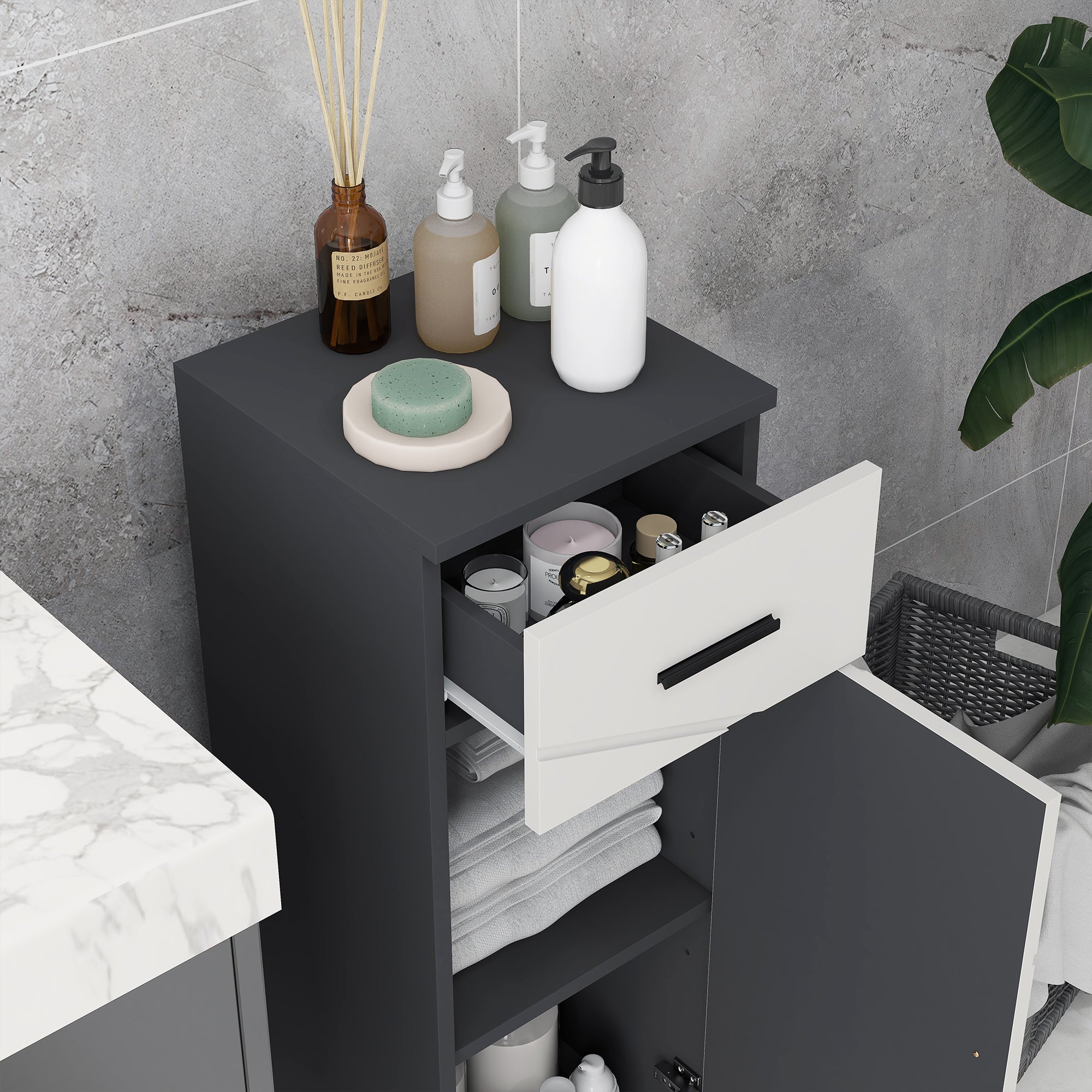 kleankin Slim Bathroom Cabinet, Narrow Bathroom Storage Cabinet with Drawer, Door Cupboard, Adjustable Shelf and Soft Close Mechanism, Grey - North Peak Garden Furniture