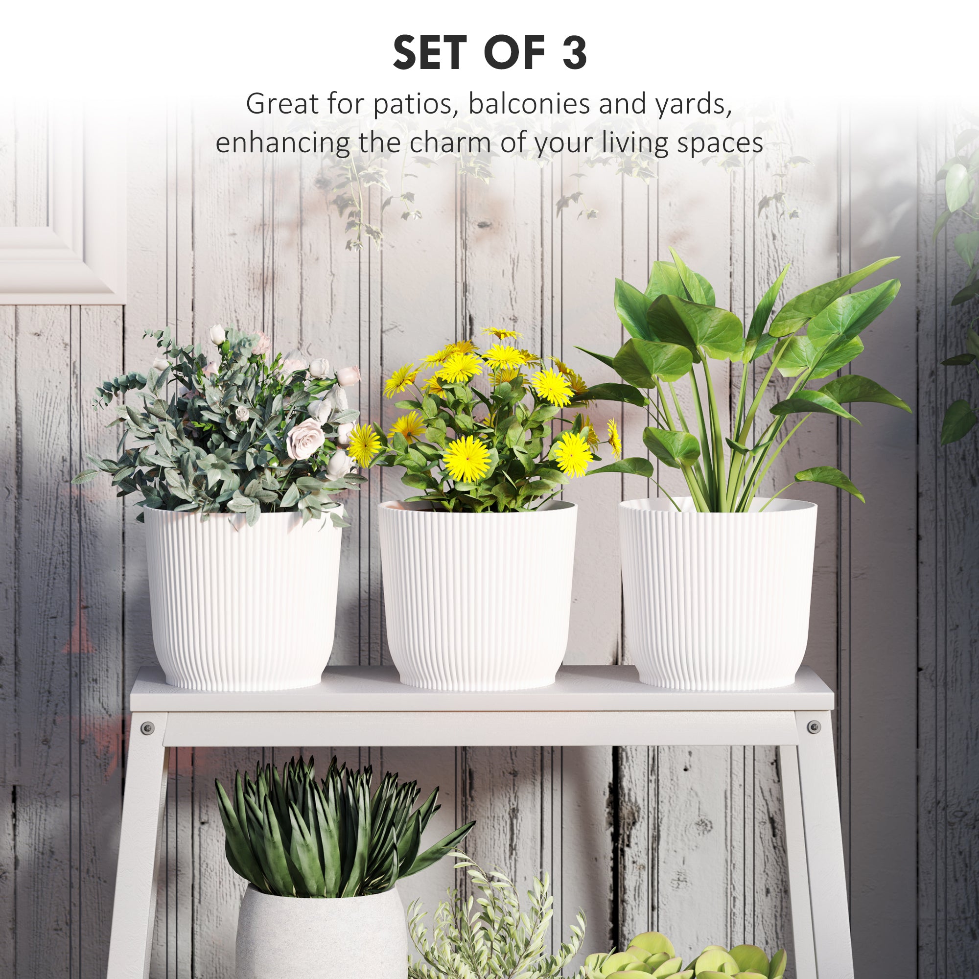 Outsunny Set of Three Ф22cm Planters - White - North Peak Garden Furniture