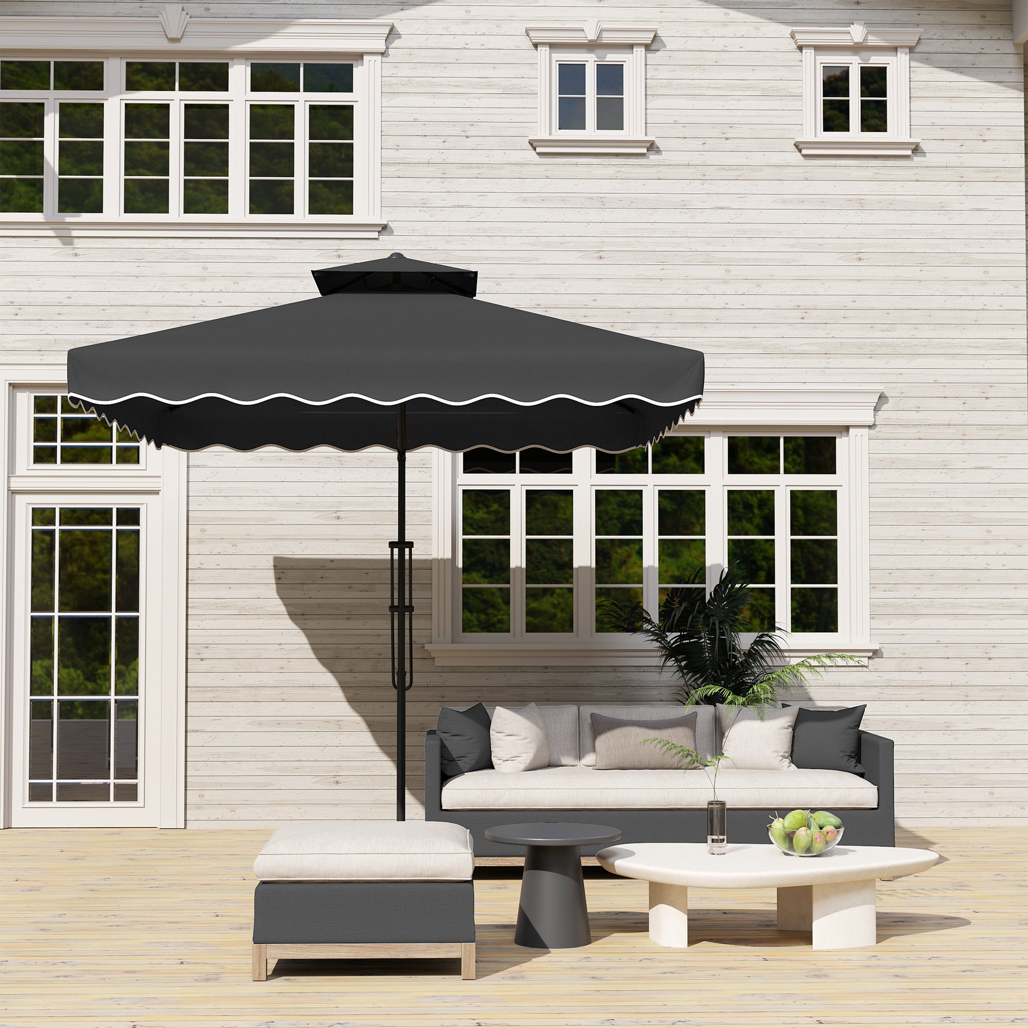 Outsunny 2.5m Cantilever Parasol with Easy Lever, Square Double Top Garden Parasol Umbrella with Ruffles and Cross Base, Overhanging Outdoor Sun Shades, Black - North Peak Garden Furniture