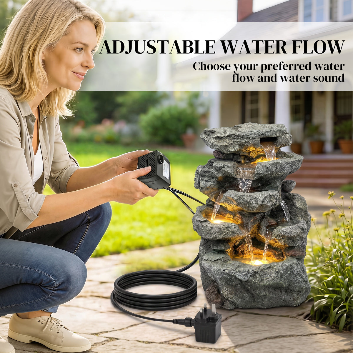 Outsunny Outdoor Fountain with 6-Tier Rock Design, Waterfall Feature with LED Lights, Resin Freestanding Garden Fountain, Grey