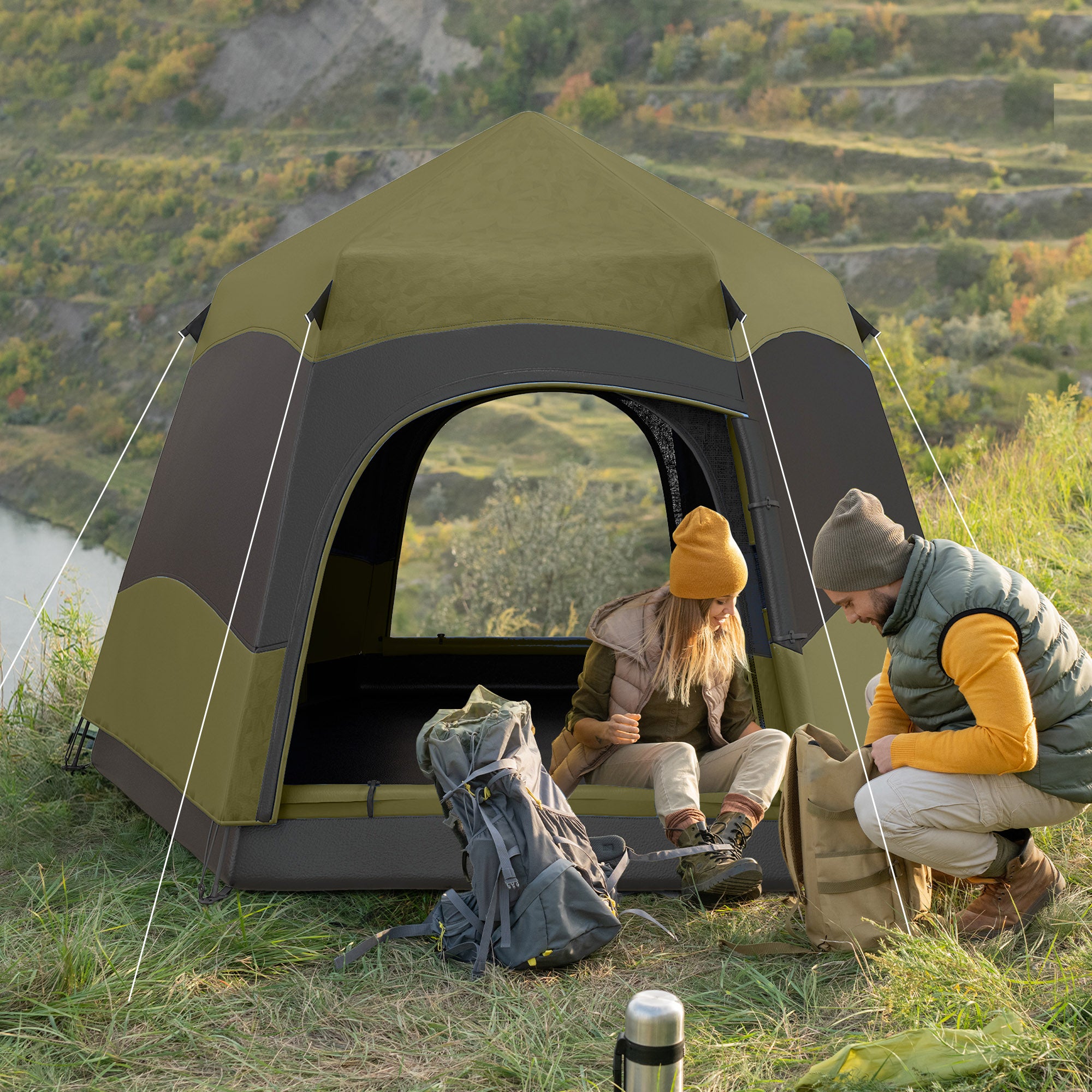 Outsunny Six Man Hexagon Camping Tent with Hang Hook and Carry Bag - Dark Green and Light Grey - North Peak Garden Furniture