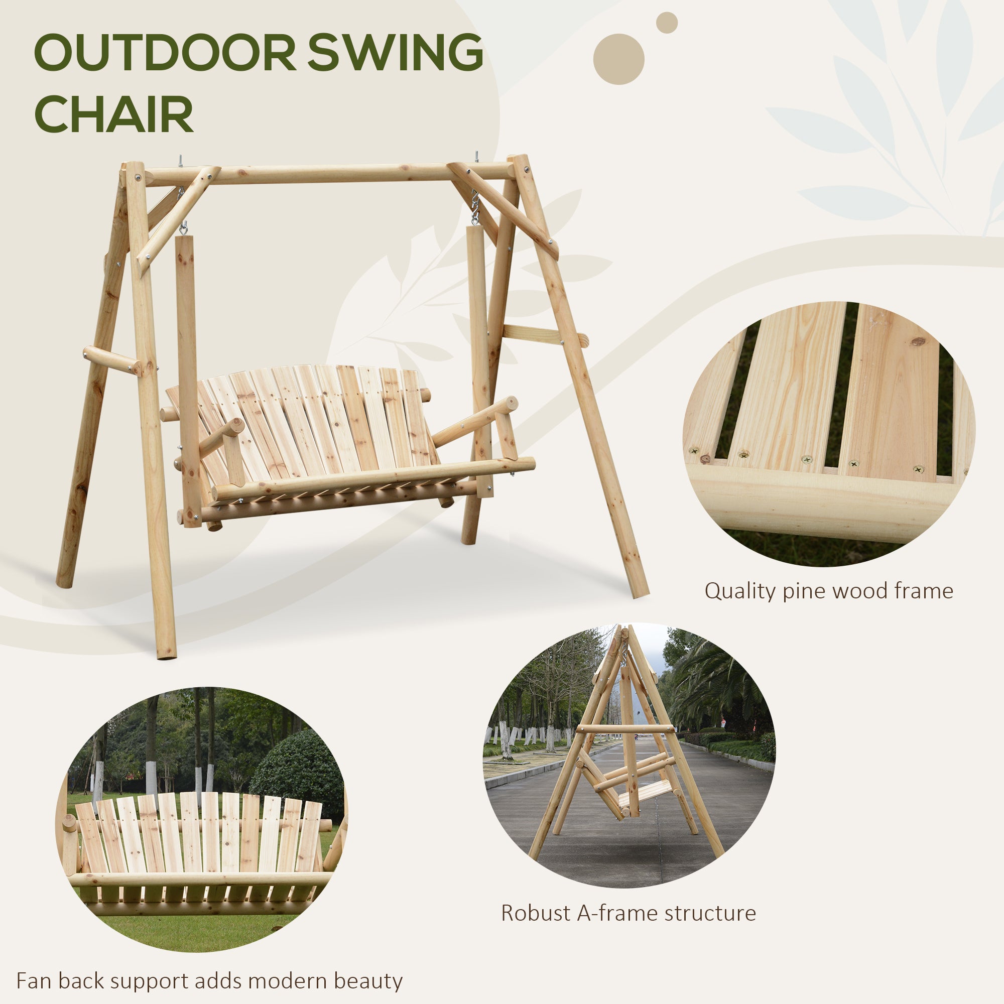Outsunny Outdoor 2 Seater Swing Chair Larch Wood Garden Swing Seat Porch Hammock Bench Lounger - North Peak Garden Furniture