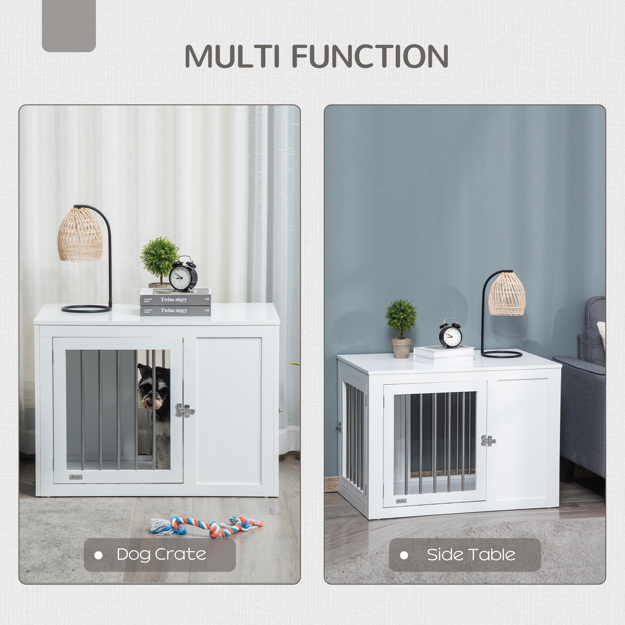 PawHut 2-in-1 Dog Cage and Side Table, with Two Lockable Doors, for Medium Dogs - White - North Peak Garden Furniture