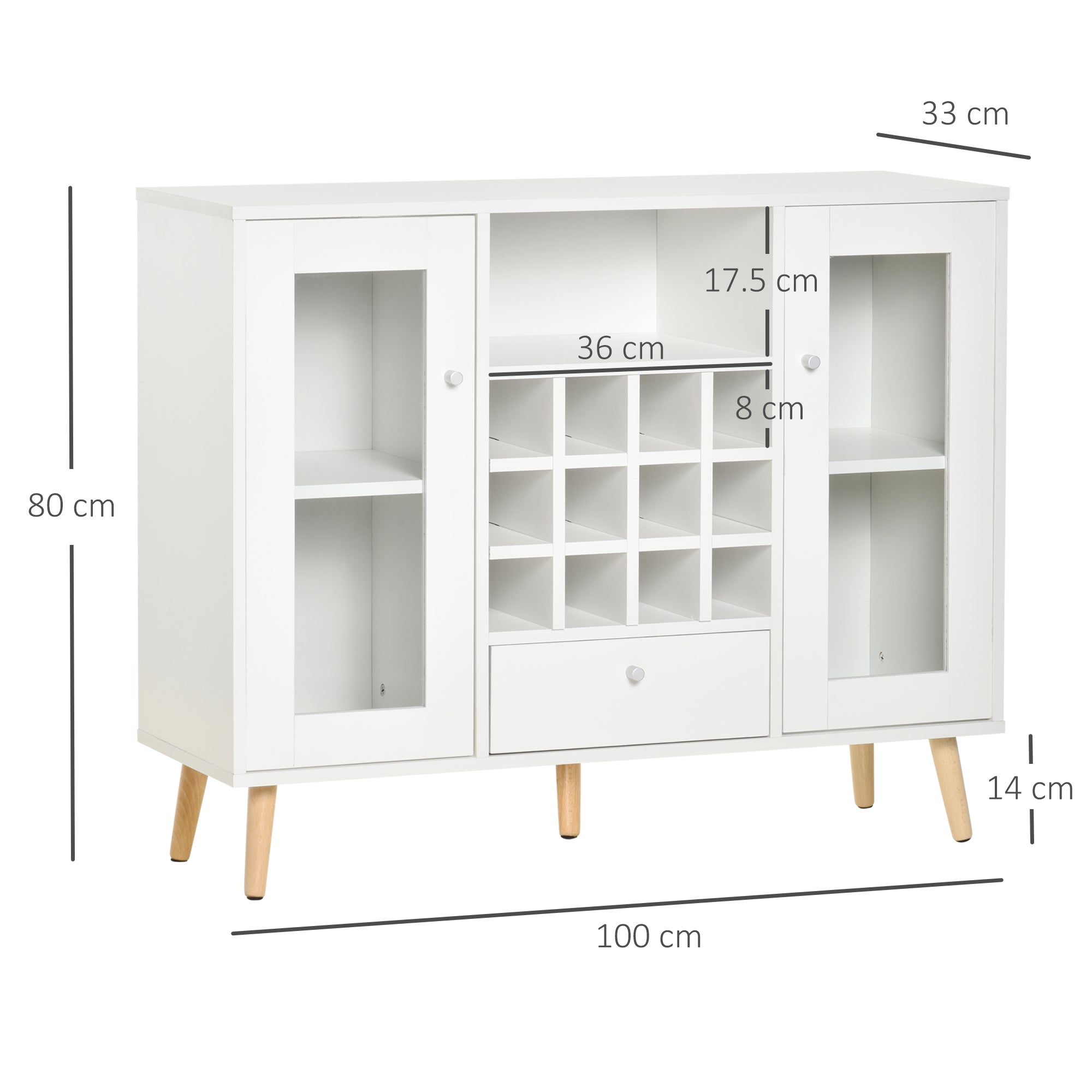 HOMCOM Modern Sideboard Storage Cabinet Kitchen Cupboard Dining Bar Server with Glass Doors, Drawer & 12-Bottle Wine Rack for Living Room, White - North Peak Garden Furniture