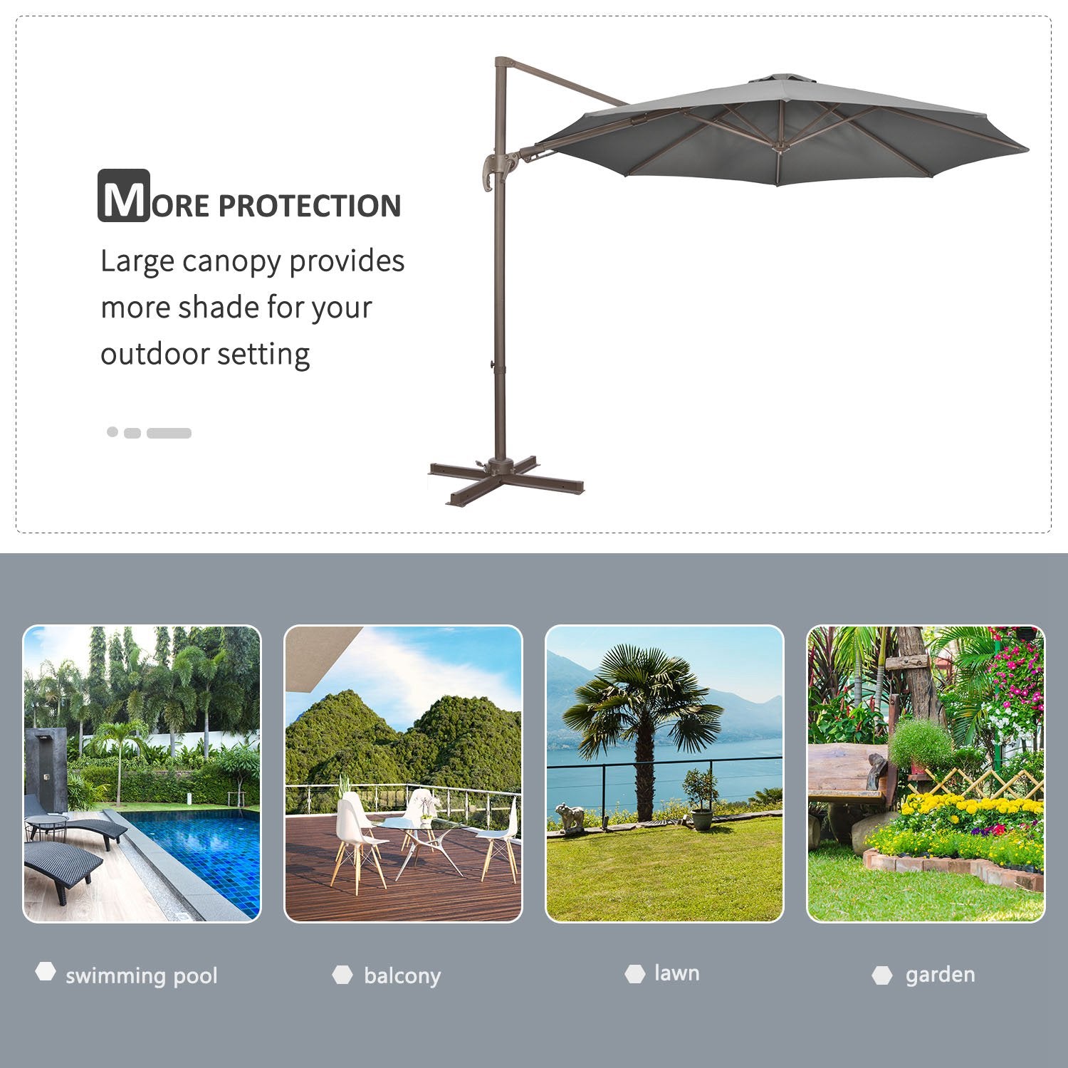 Outsunny 3(m) Cantilever Parasol 360° Rotation Roma Umbrella Hanging Sun Shade with Aluminium Frame, Tilt Crank, 8 Ribs and Cross Base, Dark Grey - North Peak Garden Furniture