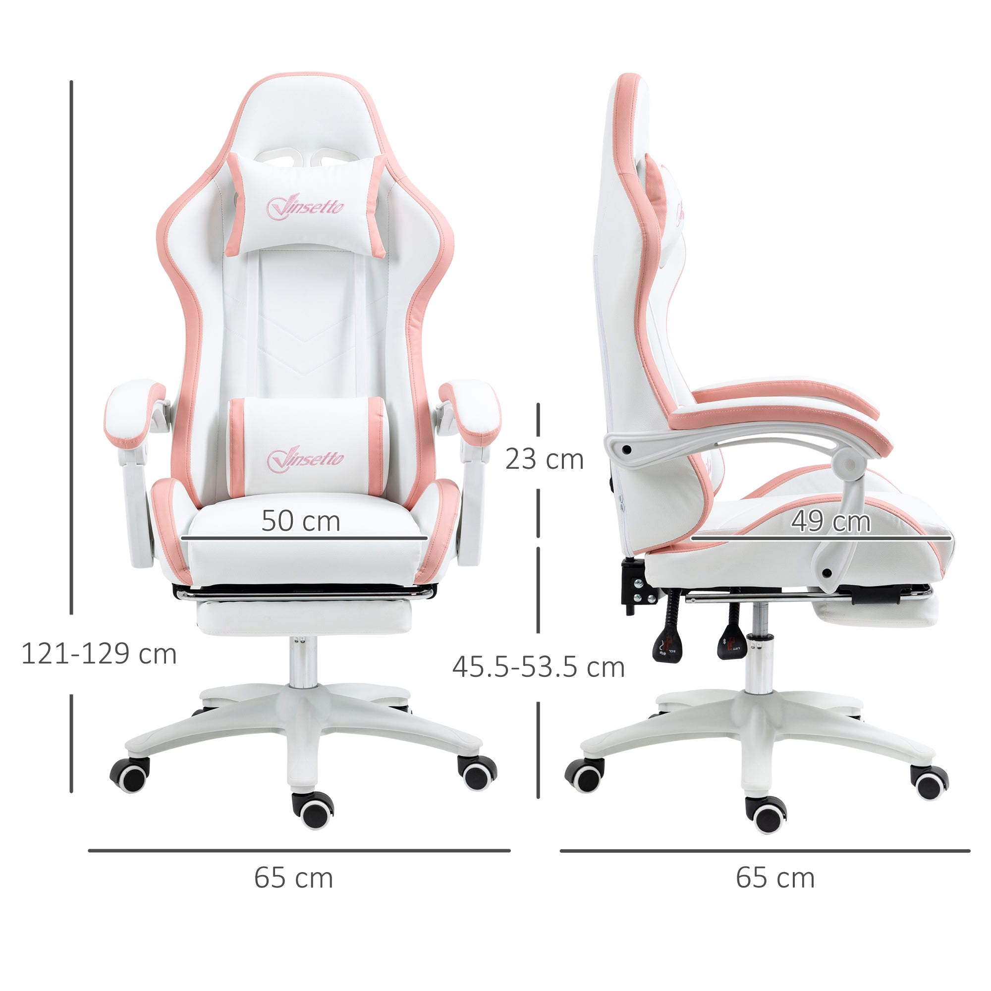 Vinsetto Computer Gaming Chair, PU Leather Desk Chair with Footrest, Swivel Task Chair with 135° Reclining Back and Lumbar Support, PC Chair for Adults, White and Pink