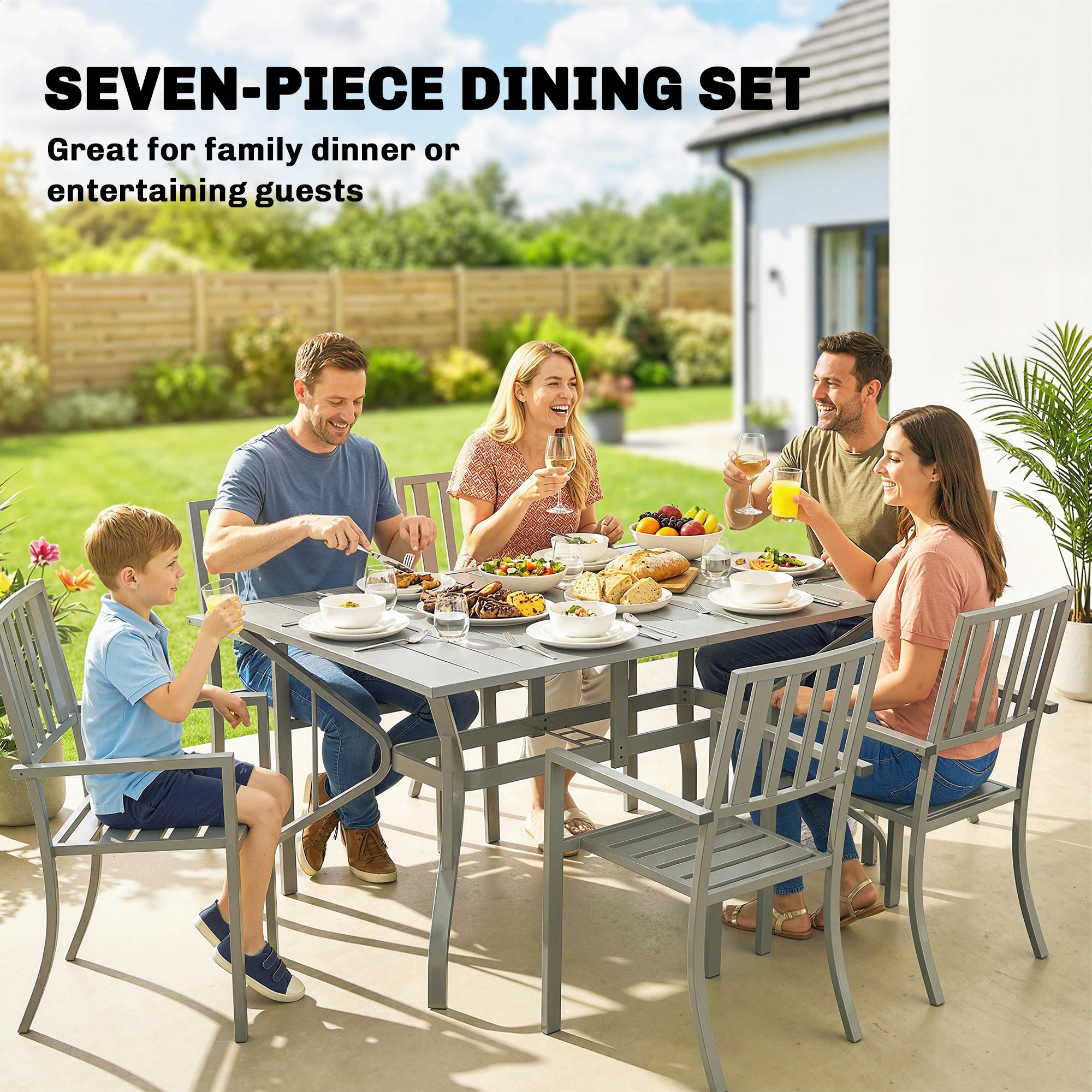 Outsunny 7 Pieces Garden Table and Chairs, 6 Seater Outdoor Table and Chairs with Umbrella Hole, for Garden, Light Grey