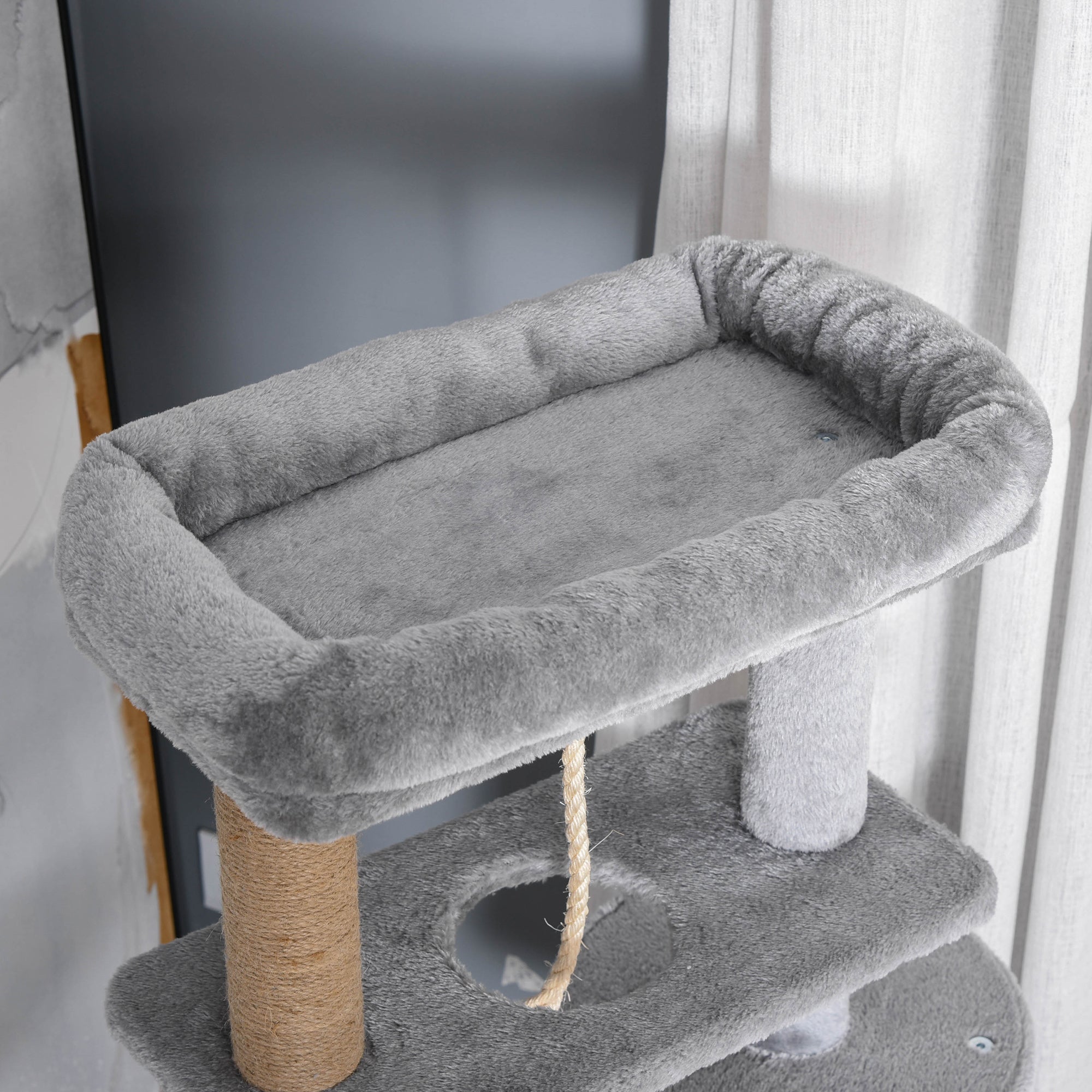 PawHut Cat Tree Tower for Indoor Cats 120cm Climbing Kitten Activity Center with Jute Scratching Post Perch Hanging Ball Hammock Teasing Rope Condo Toy Light Grey - North Peak Garden Furniture