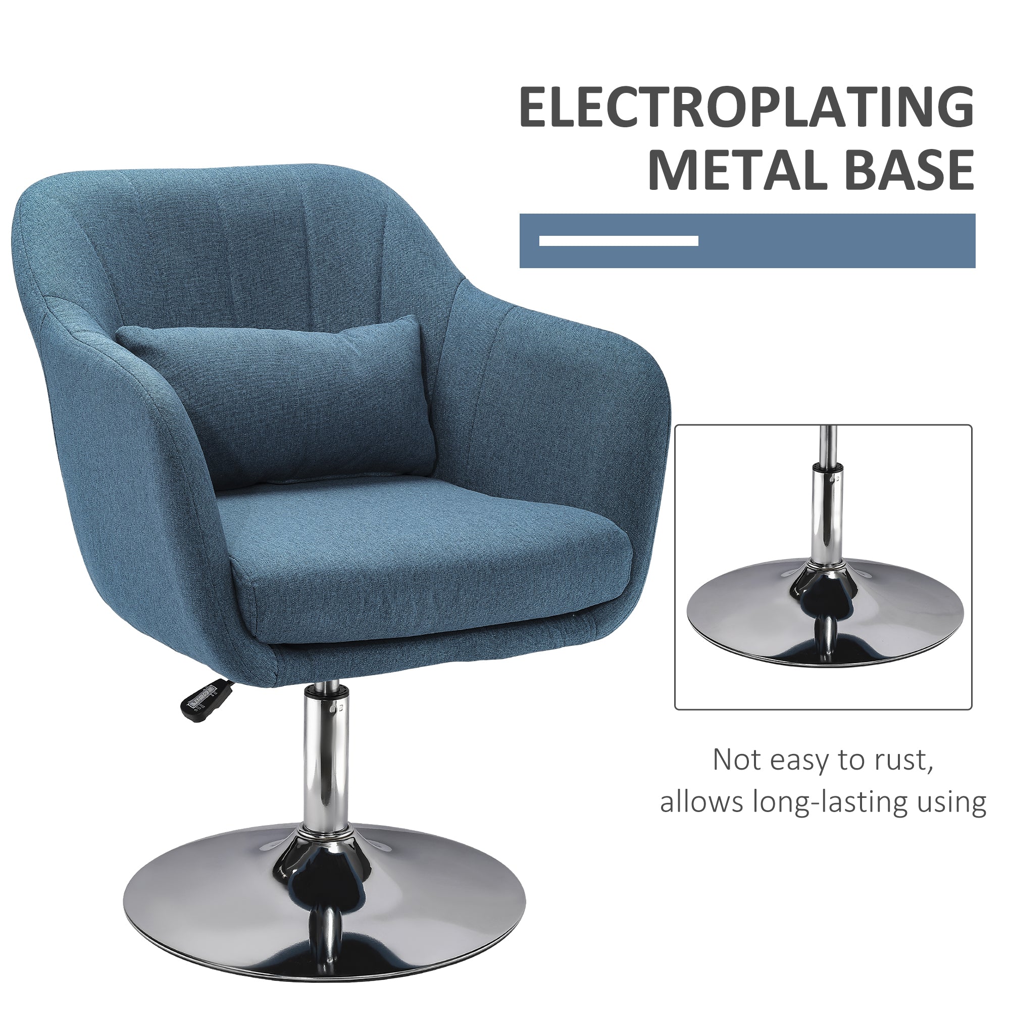 HOMCOM Swivel Linen Fabric Accent Chair for Living Room Contemporary Vanity Armchair with Adjustable Height Thick Cushion Lumbar Support Armrest for Bedroom Office Blue - North Peak Garden Furniture