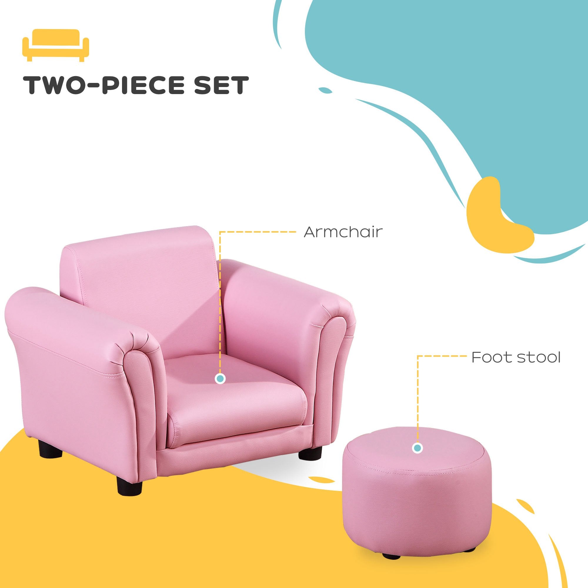 HOMCOM Toddler Chair Single Seater Kids Sofa Set, 54 x 42 x 41cm, Kids Sofa with Stool, Pink - North Peak Garden Furniture