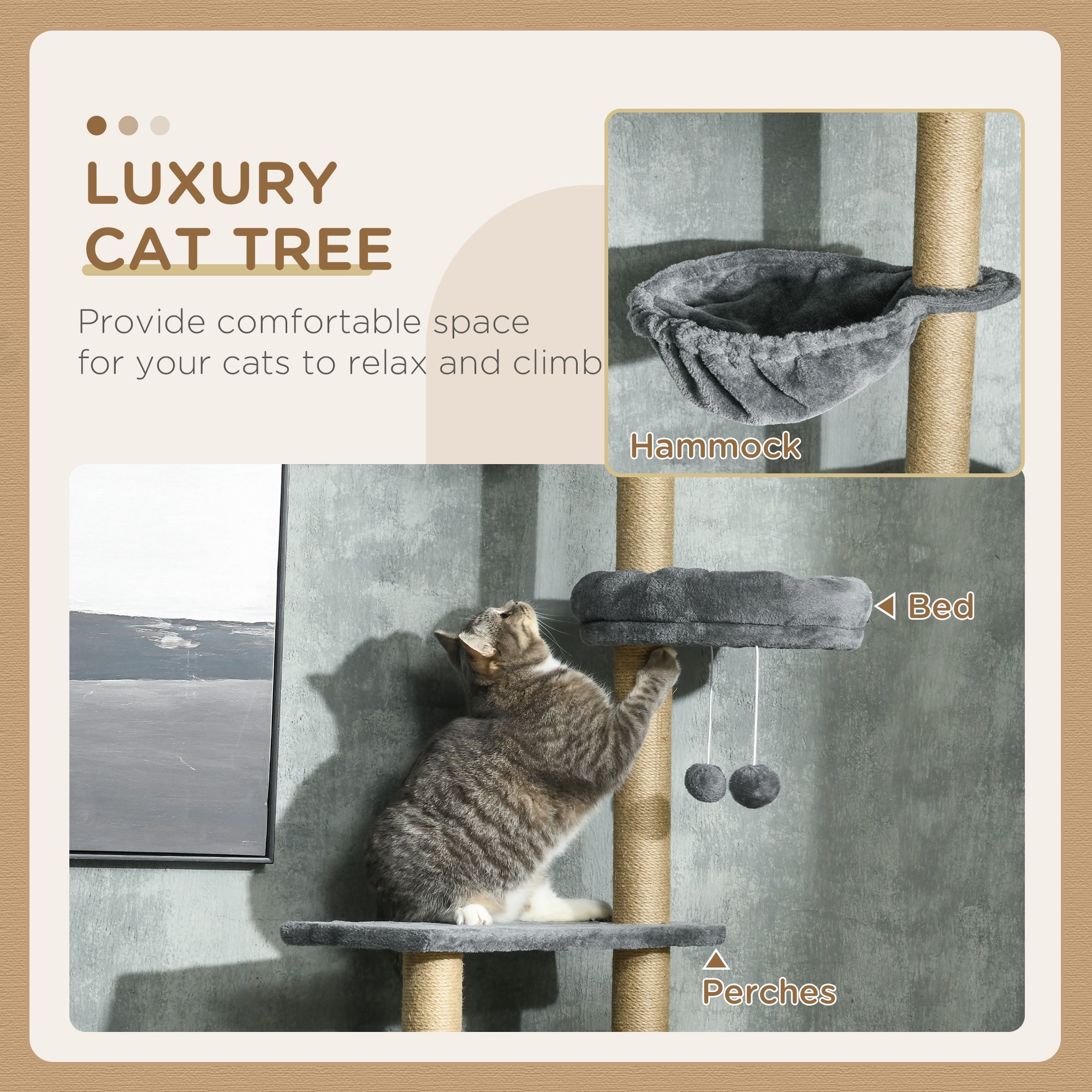 PawHut Floor to Ceiling Cat Tree for Indoor Cats, 6-Tier Play Tower Climbing Activity Center with Scratching Post, Platforms, Bed, Hammock, Adjustable Height 230-250cm, Grey - North Peak Garden Furniture