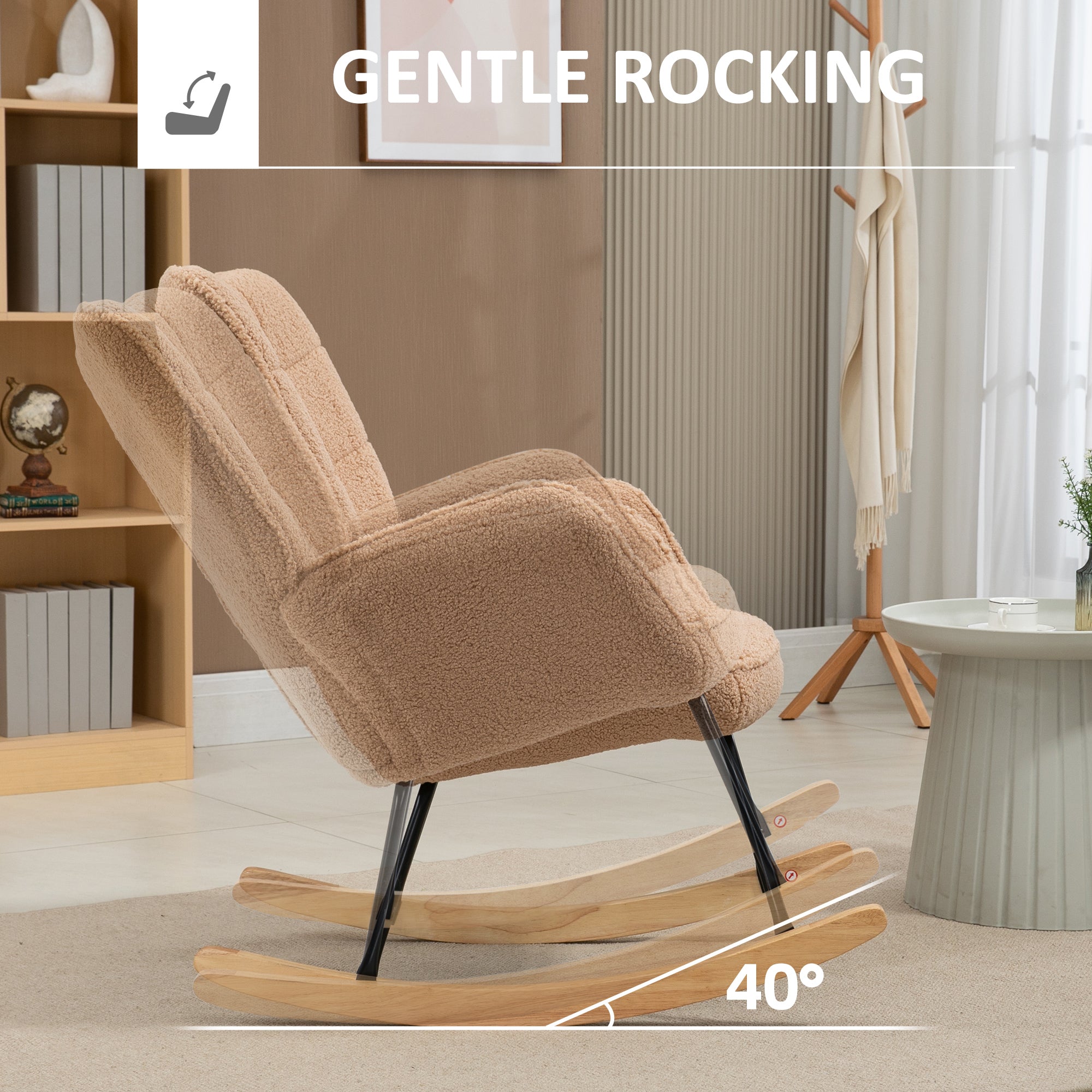 HOMCOM Soft Fleecey Rocking Wingback Chair - Light Brown - North Peak Garden Furniture