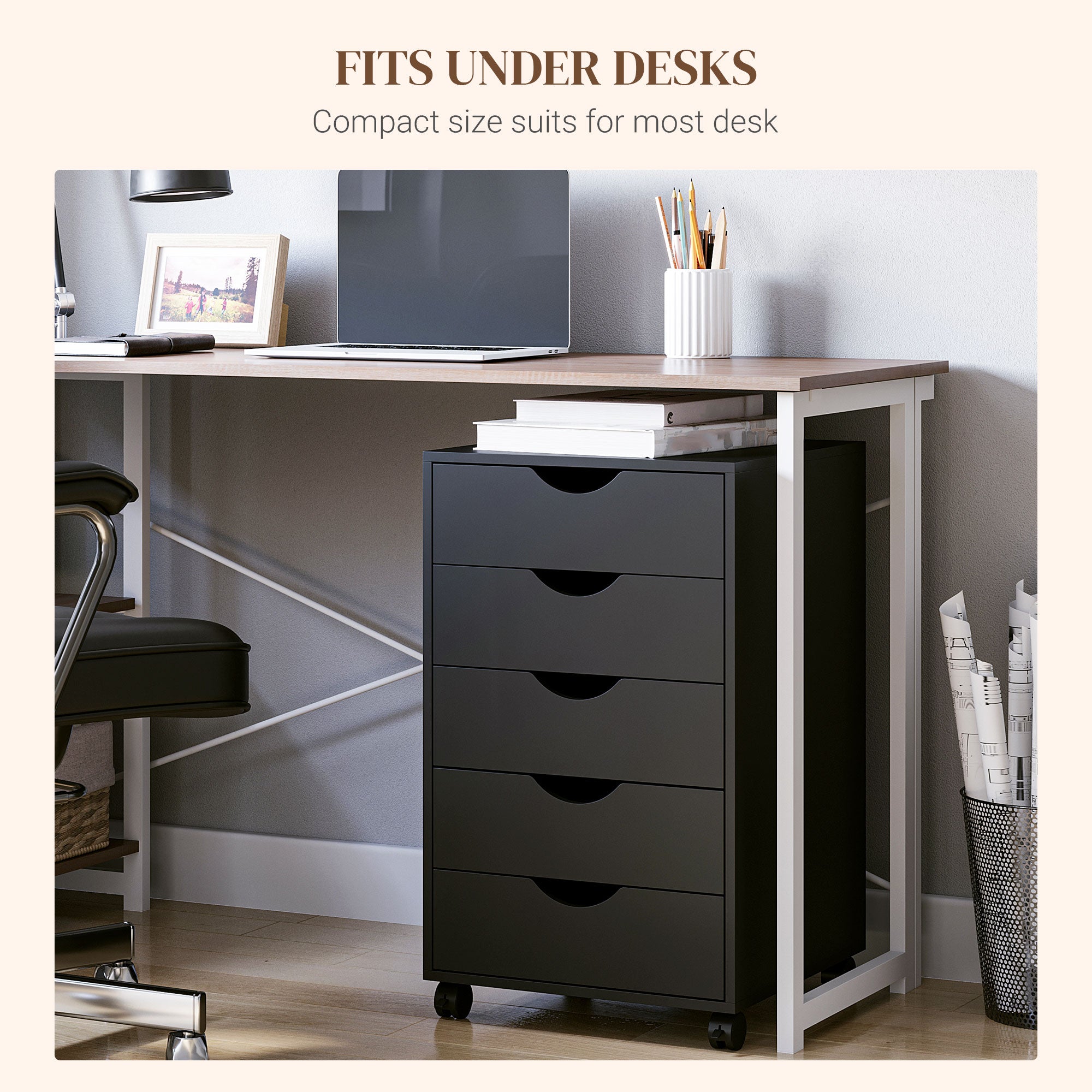 HOMCOM 5 Drawer Mobile Filing Cabinet, Vertical File Cabinet, Modern Rolling Office Storage Organizer Cupboard, Black