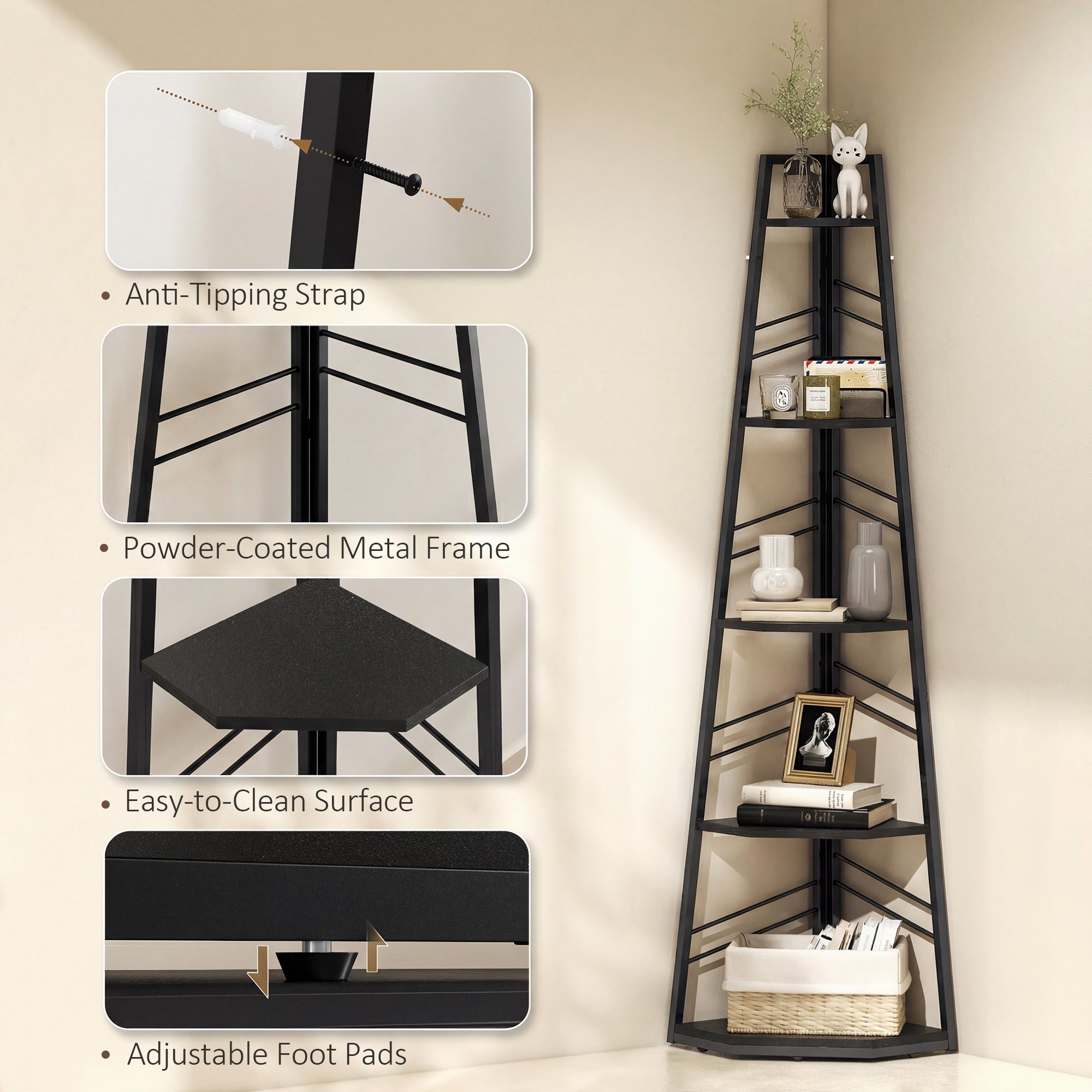 HOMCOM Corner Bookcase, 5-Tier Floor Standing Bookshelf, Shelving Unit for Living Room, Study, Bedroom, Black