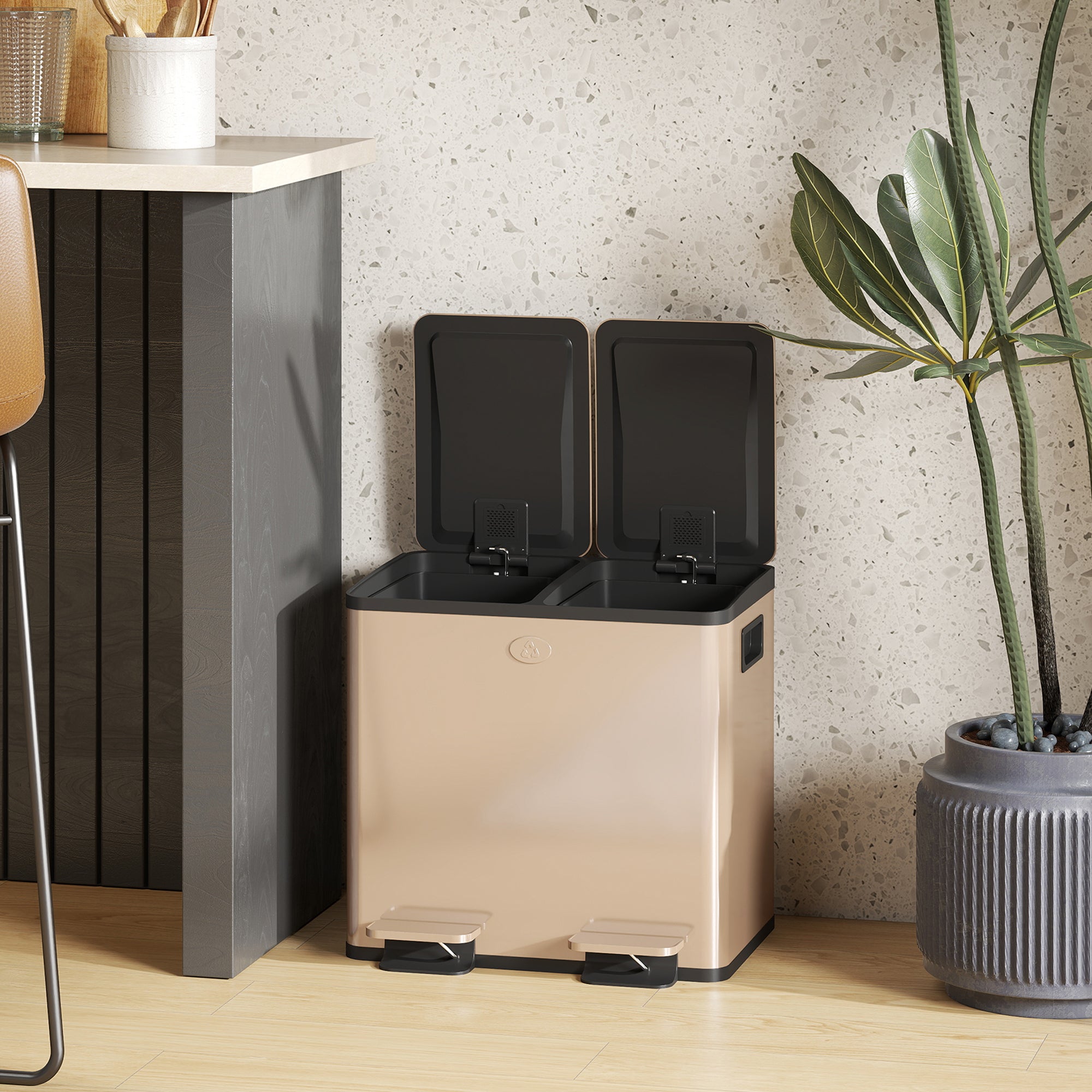 HOMCOM 30L Dual Compartment Stainless Steel Bin, with Deodoriser Holders - Gold Tone