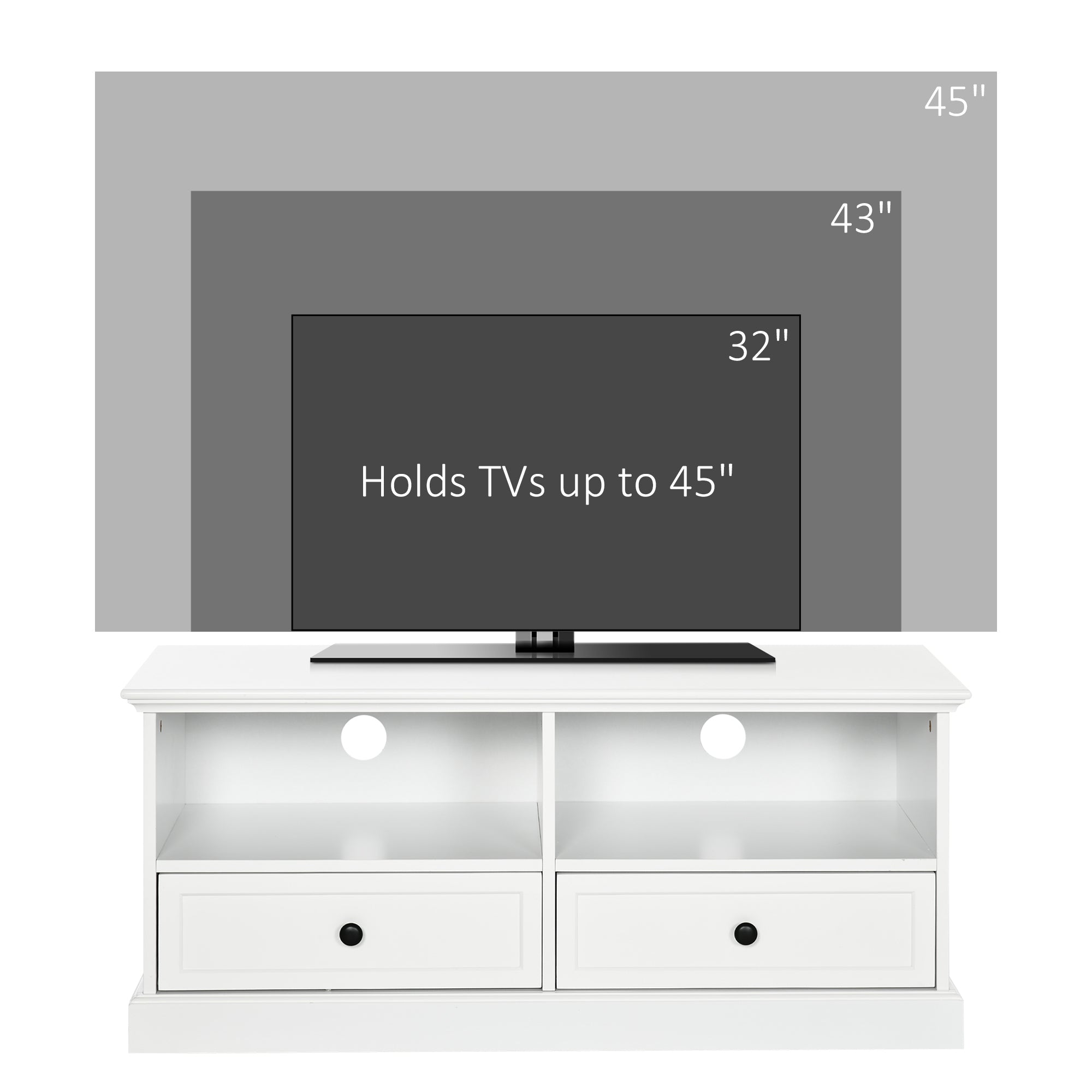HOMCOM Modern TV Unit Cabinet for TVs up to 45 Inches, TV Stand with Drawers, Open Shelves, Cable Holes for Living Room, White - North Peak Garden Furniture