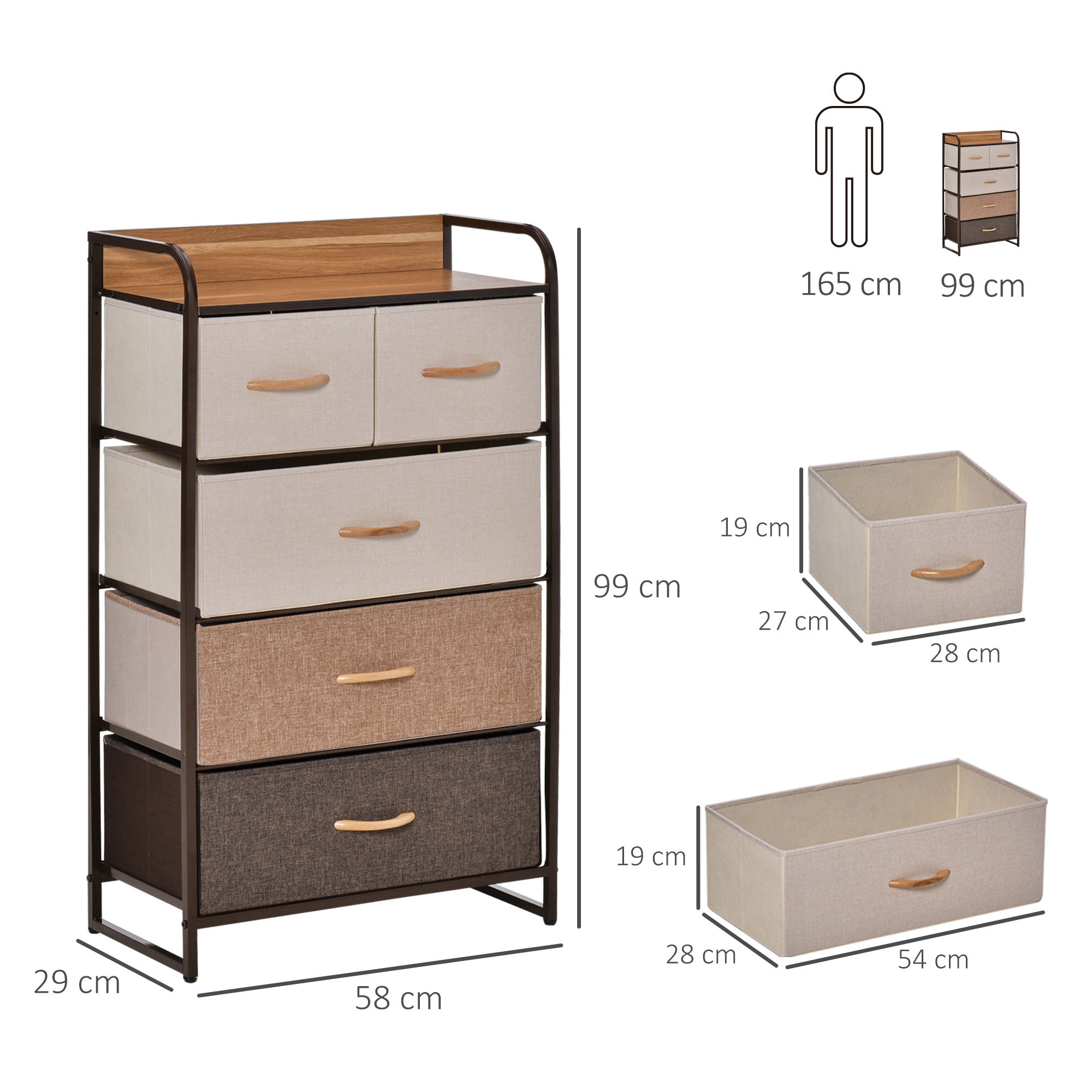 HOMCOM 5-Drawer Dresser Tower 3-Tier Storage Organizer with Steel Frame Wooden Top for Bedroom Hallway Closets