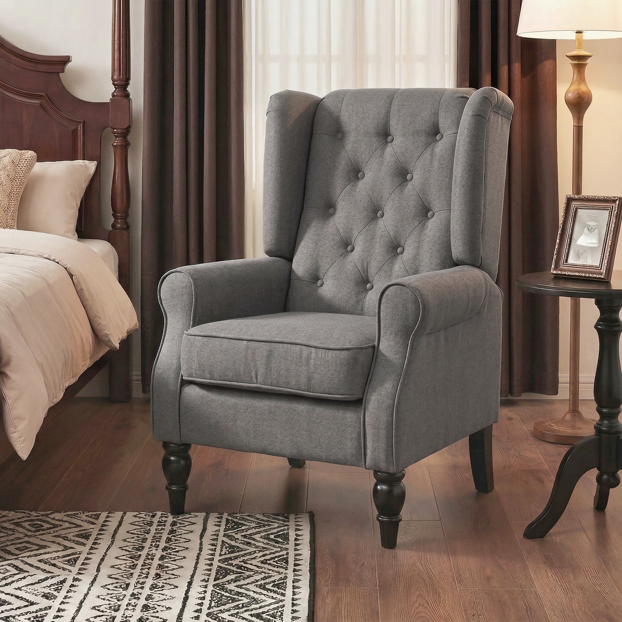 HOMCOM Retro Accent Chair, Wingback Armchair with Wood Frame Button Tufted Design for Living Room Bedroom, Dark Grey