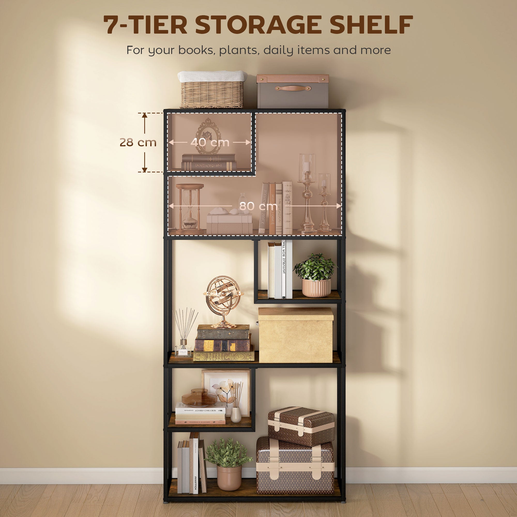 HOMCOM Industrial Bookcase Shelf, 7 Tier Metal Shelving, Storage Shelves for Living Room, Home Office, Bedroom, Rustic Brown