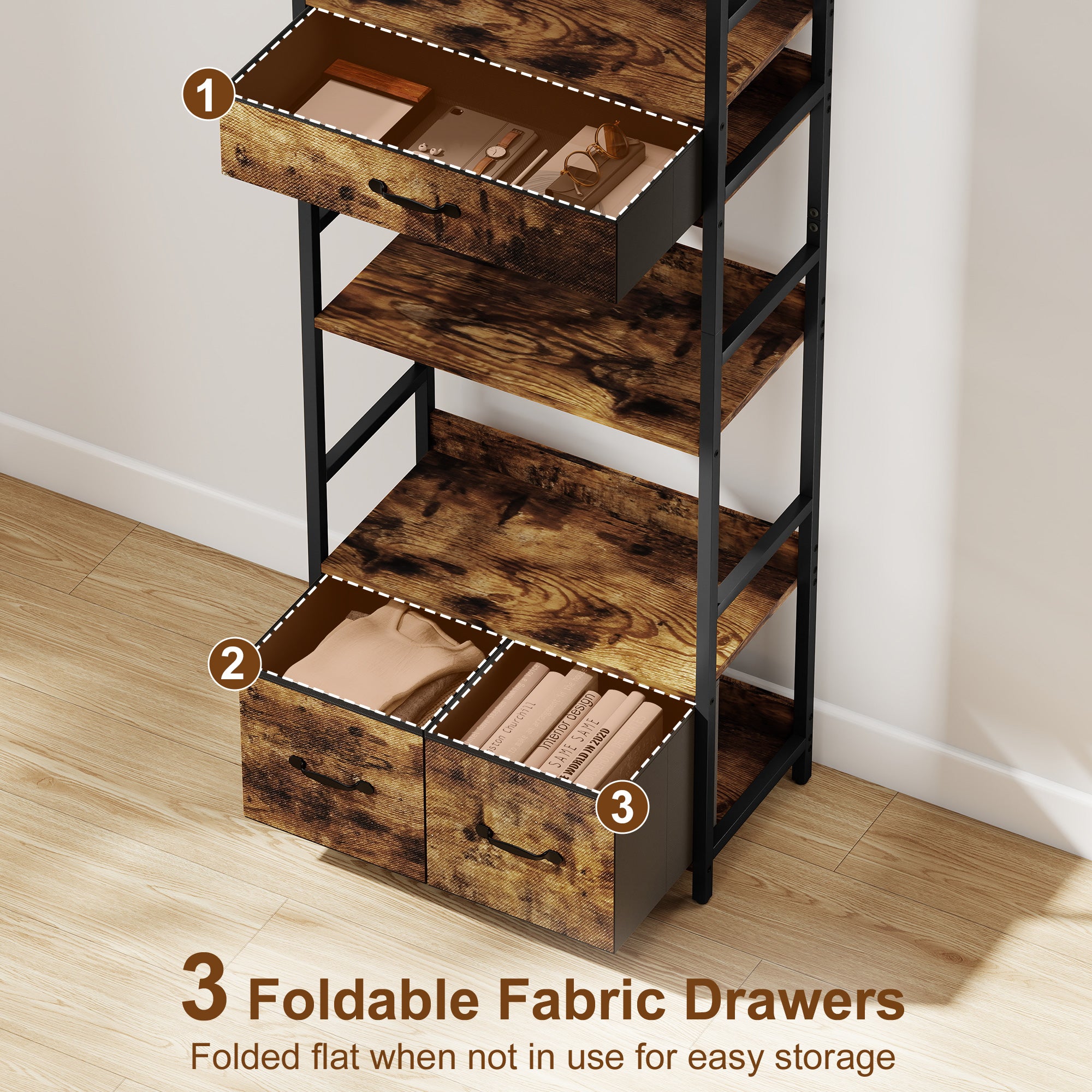 HOMCOM Industrial Style Bookcase, with 4 Shelves and 3 Fabric Drawers - Brown/Black