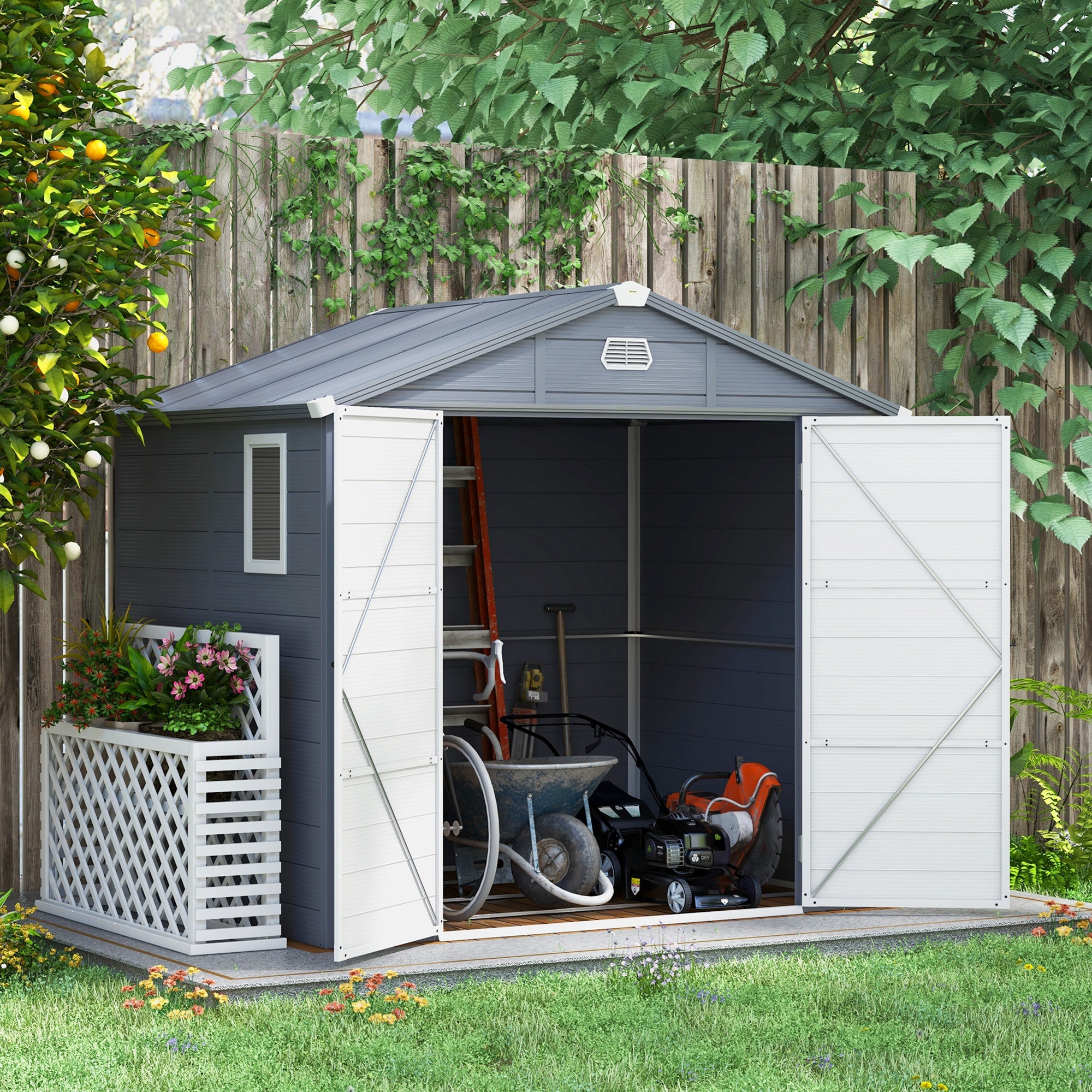 Outsunny 7.9ft x 6.2ft Aluminium Frame and Plastic Wall Shed, with Foundation - Grey - North Peak Garden Furniture