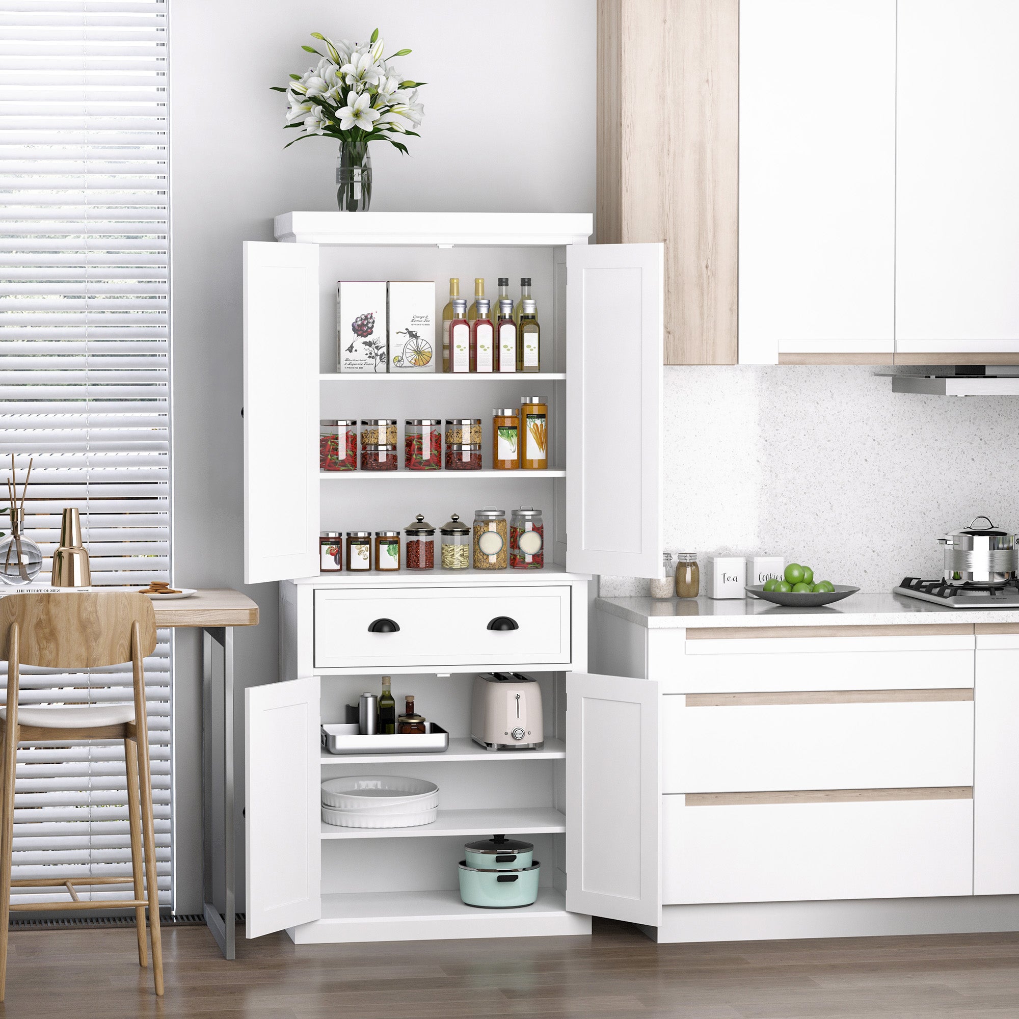 HOMCOM Freestanding Kitchen Cupboard, 184cm Tall Storage Cabinet with Doors and Shelves, Traditional Colonial 4-Door Kitchen Pantry Cupboard with Drawer, White - North Peak Garden Furniture