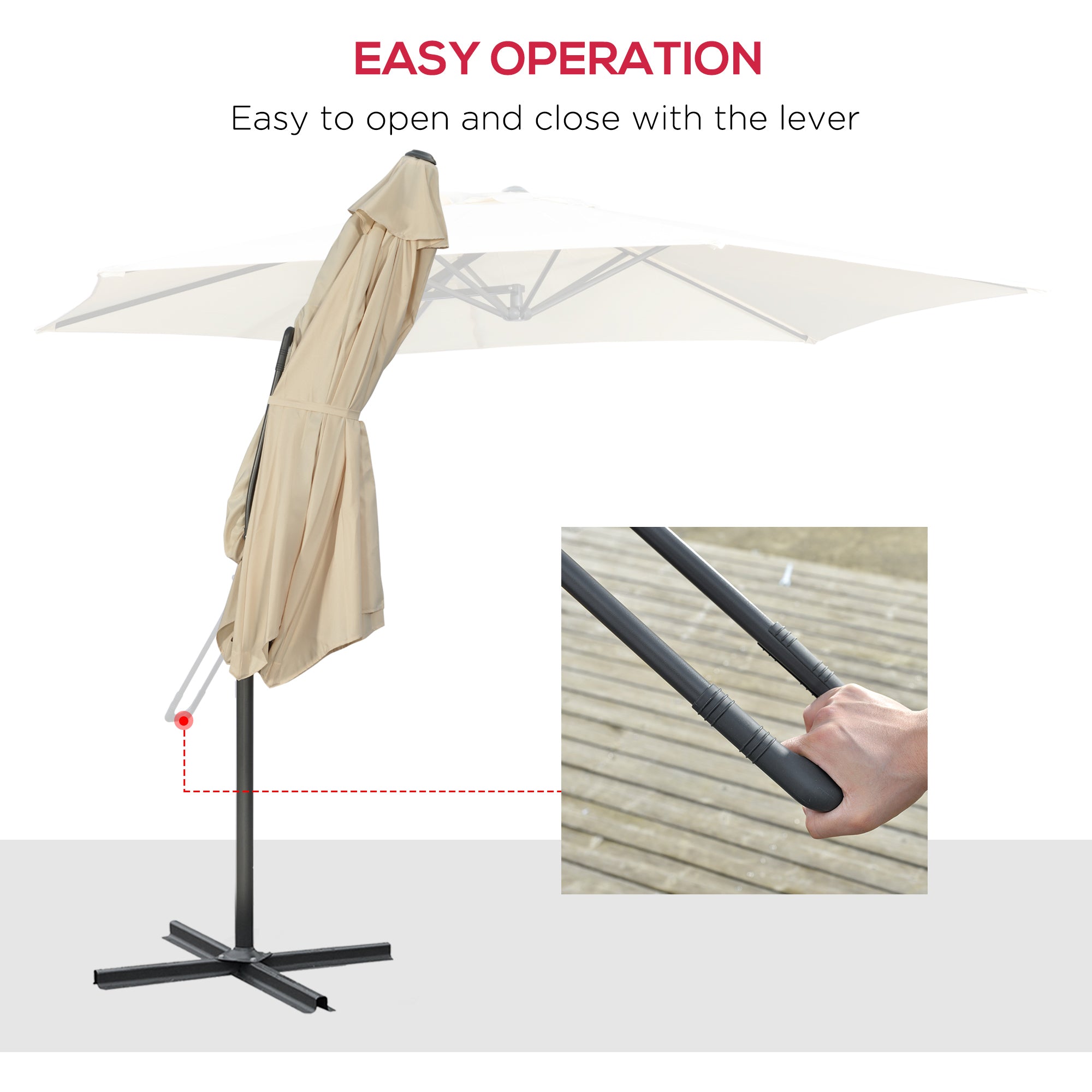 Outsunny 3m Cantilever Parasol with Easy Lever, Patio Umbrella with Crank Handle, Cross Base and 6 Metal Ribs, Outdoor Sun Shades for Garden, White