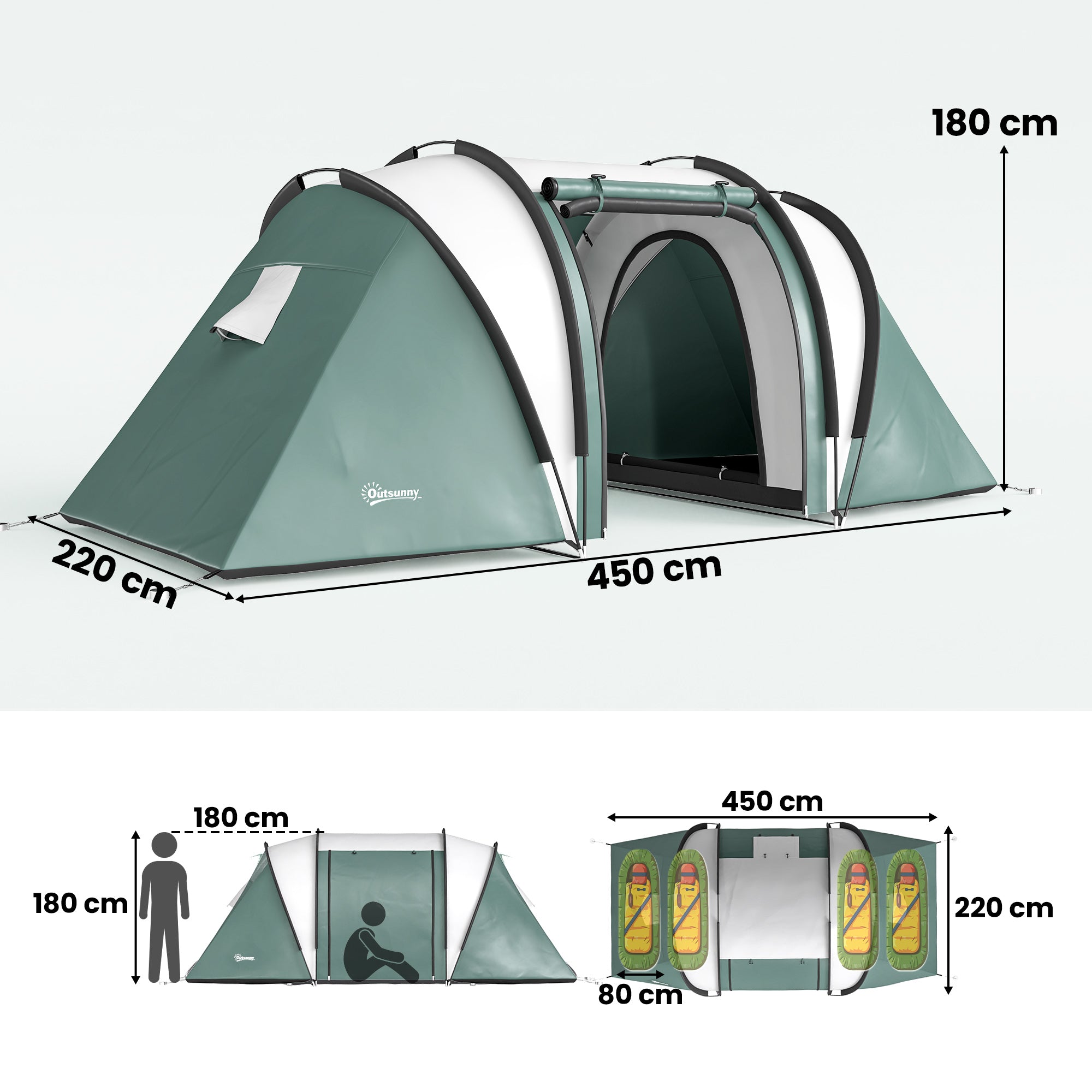 Outsunny Camping Tent with 2 Bedrooms and Living Area, 3000mm Waterproof Family Tent, for Fishing Hiking Festival, Dark Green
