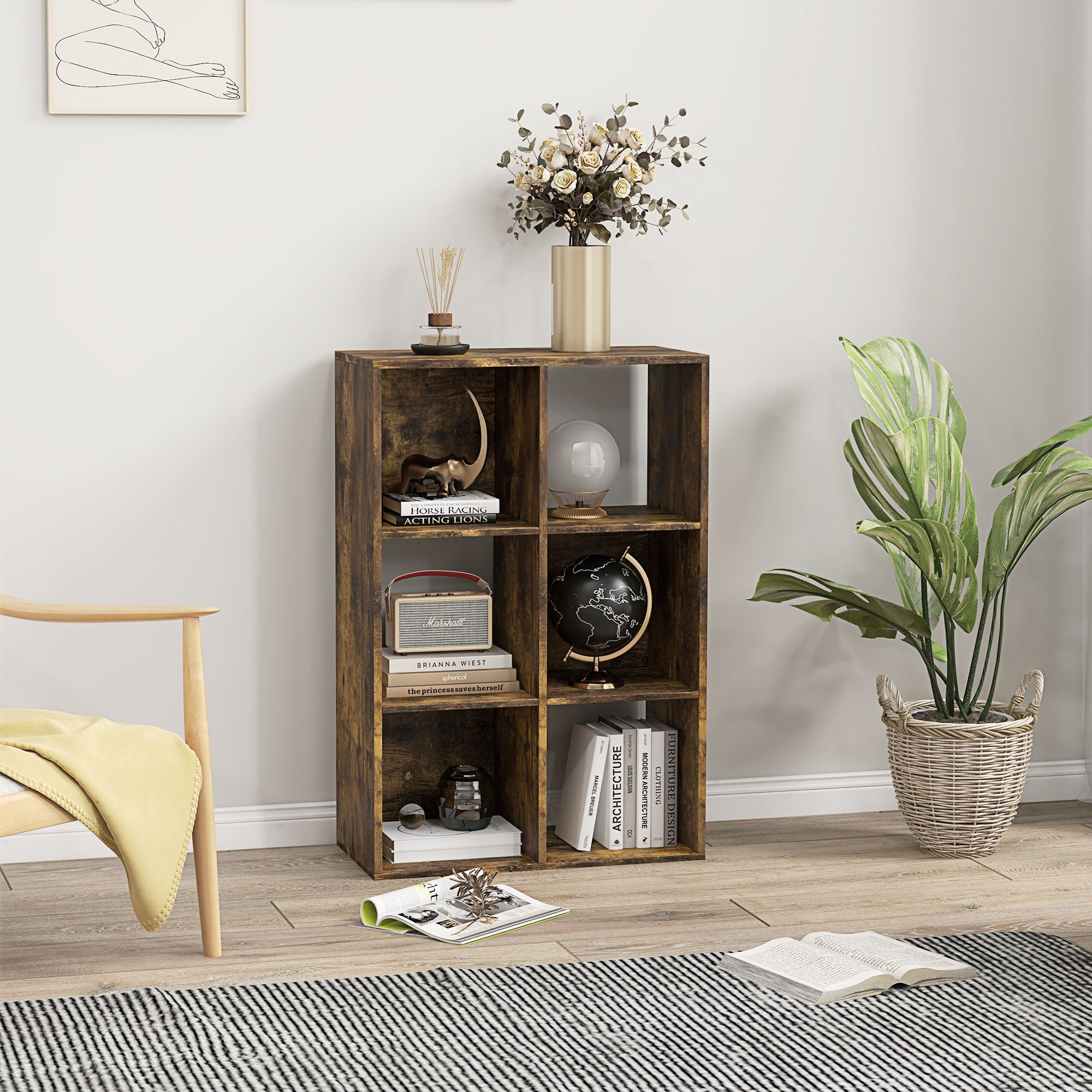 HOMCOM 3-tier 6 Cubes Storage Unit Particle Board Cabinet Bookcase Organiser Home Office Shelves Rustic Brown - North Peak Garden Furniture