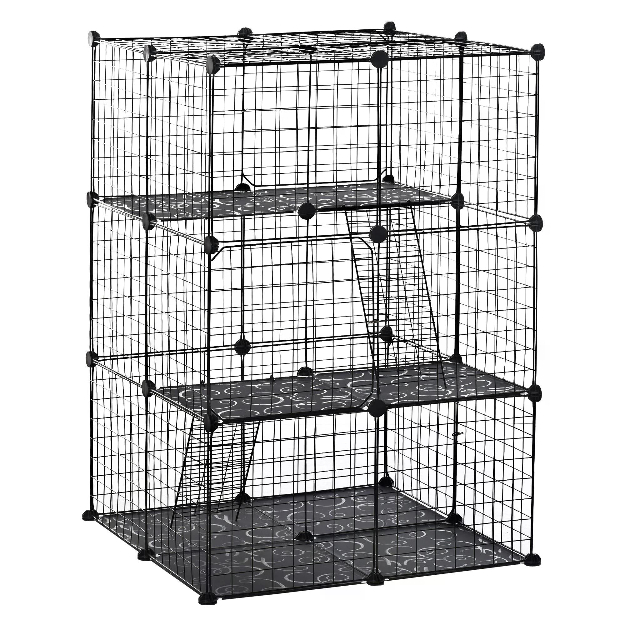 PawHut Pet Playpen DIY Small Animal Cage Enclosure Metal Wire Fence 39 Panels with 3 Doors 2 Ramps for Kitten Bunny Chinchilla Pet Mink Black