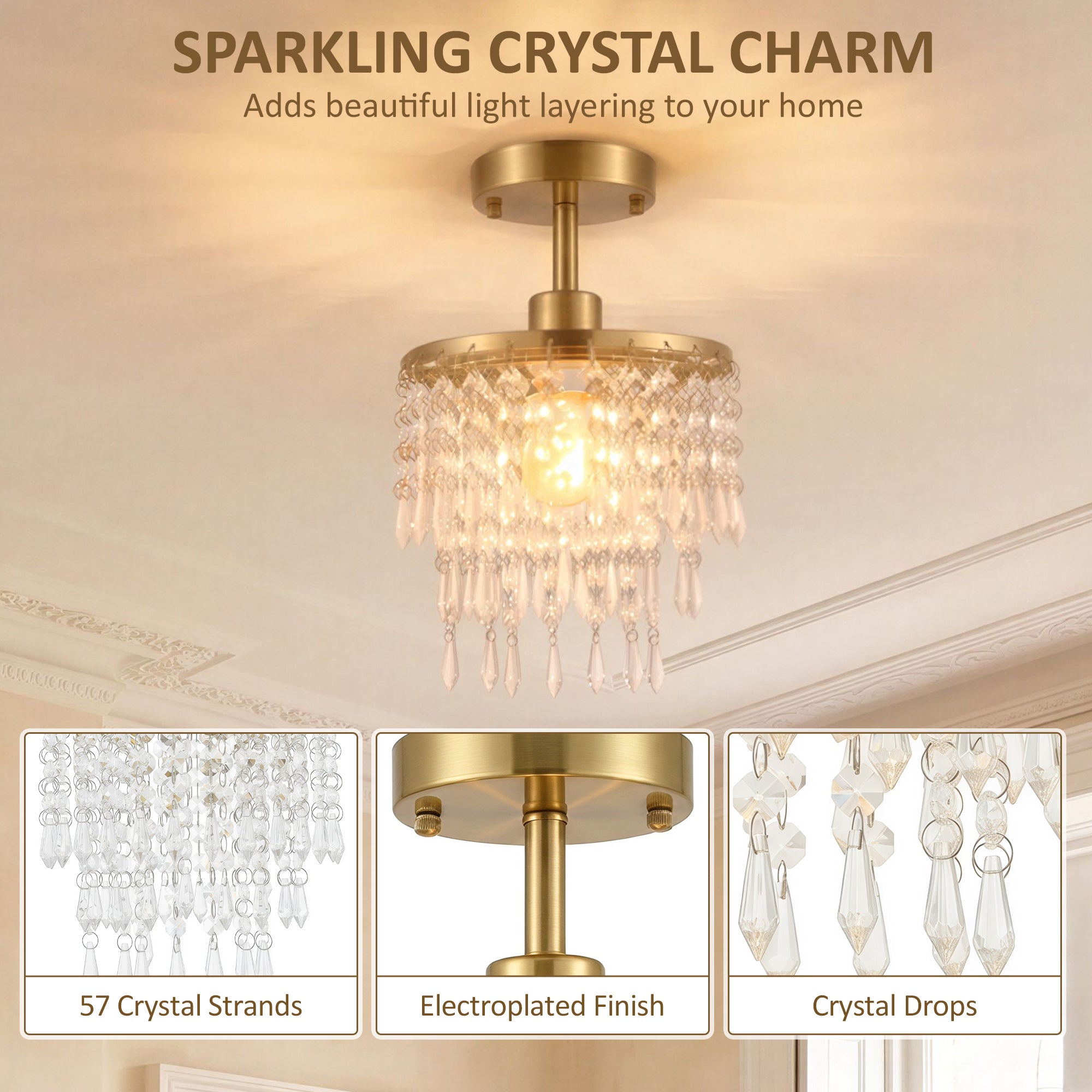 HOMCOM Crystal Ceiling Light with 57 Crystal Strands, Ceiling Light with Mounting Plate for Hallway, Gold Tone