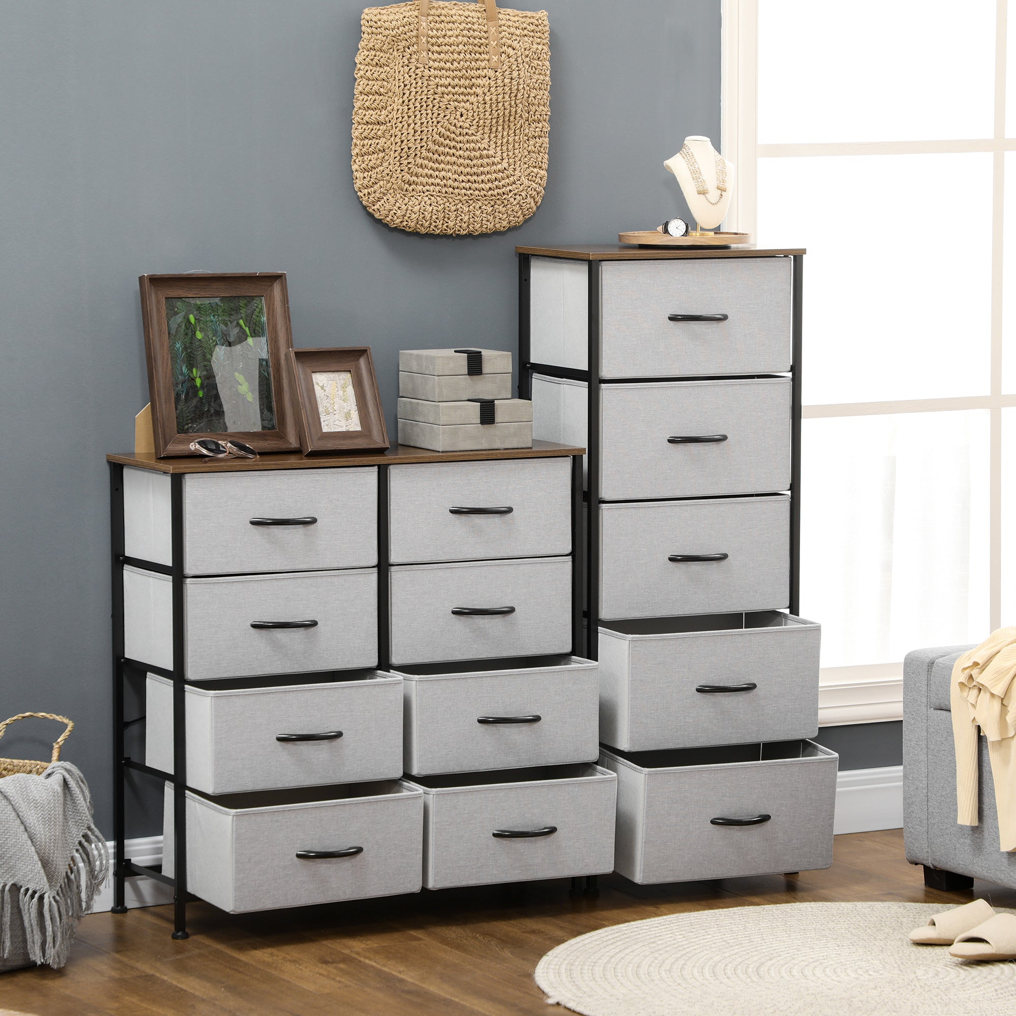 HOMCOM Fabric Chest of Drawers, Storage Drawers, Industrial Bedroom Dresser with 5 Fabric Drawers, Steel Frame and Wooden Top for Nursery, Living Room, Closet, Hallway, Grey - North Peak Garden Furniture
