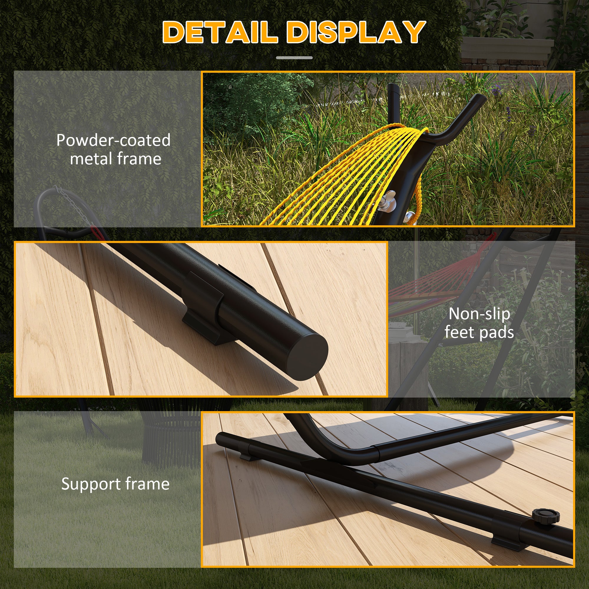 Outsunny 9.4ft Hammock Stand with Side Tray Stand, Steel Frame Hammock Net Stand, for String-style, Brazilian-style, Flat-style, Rope-style Hammocks, Black - North Peak Garden Furniture