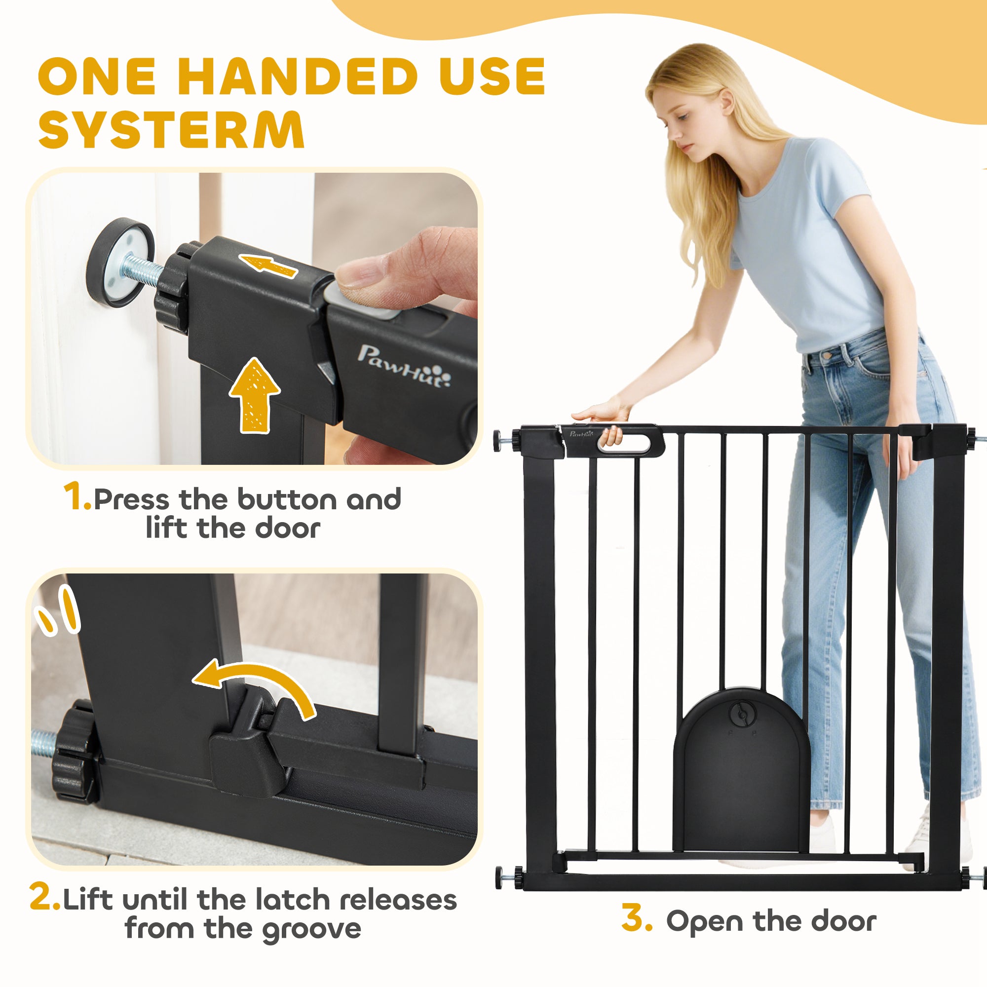 PawHut Dog Gate with Cat Flap Pet Safety Gate Barrier, Stair Pressure Fit, Auto Close, Double Locking, for Doorways, Hallways, 75-82 cm Black - North Peak Garden Furniture
