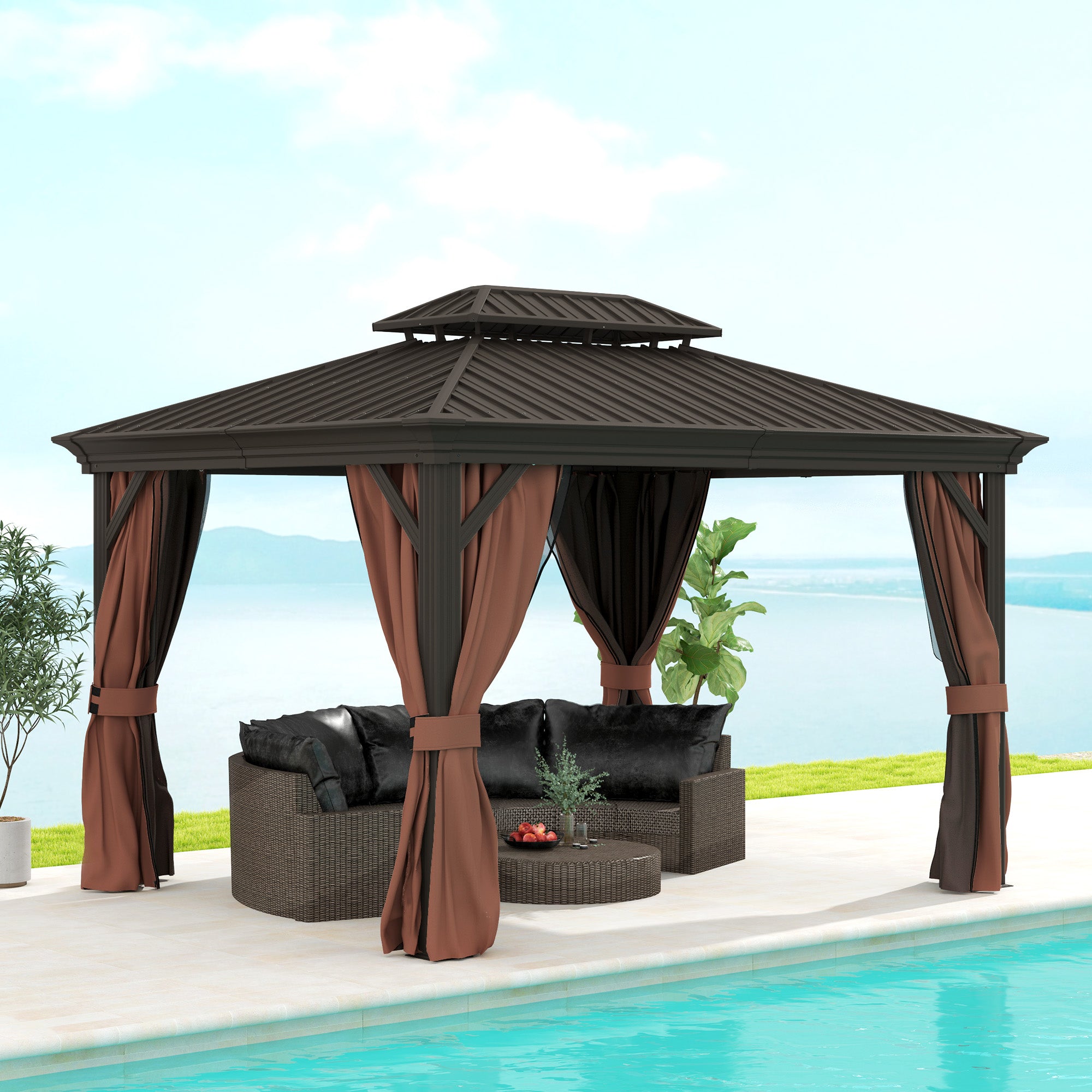 Outsunny 3 x 3.7m Outdoor Hardtop Gazebo Canopy Aluminium Frame with 2-Tier Roof & Mesh Netting Sidewalls for Patio, Dark Brown - North Peak Garden Furniture
