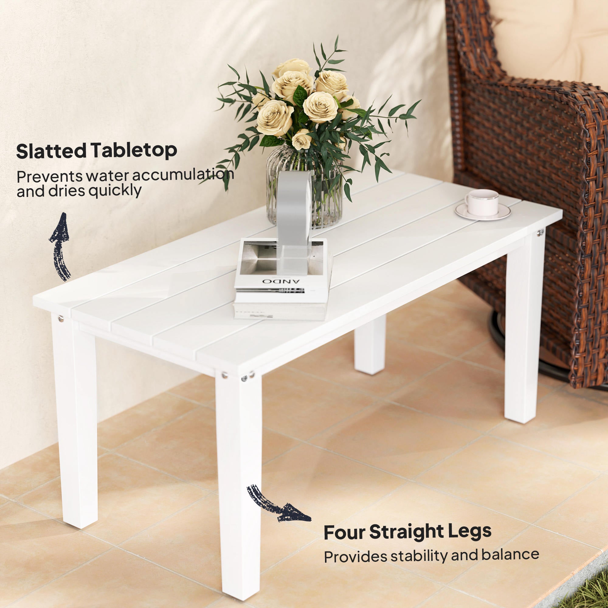 Outsunny Outdoor Garden Coffee Table, HDPE All-Weather Garden Table, Rectangular Outdoor Table with Slatted Tabletop for Patio, Balcony, 91 x 44 x 42 cm, White - North Peak Garden Furniture