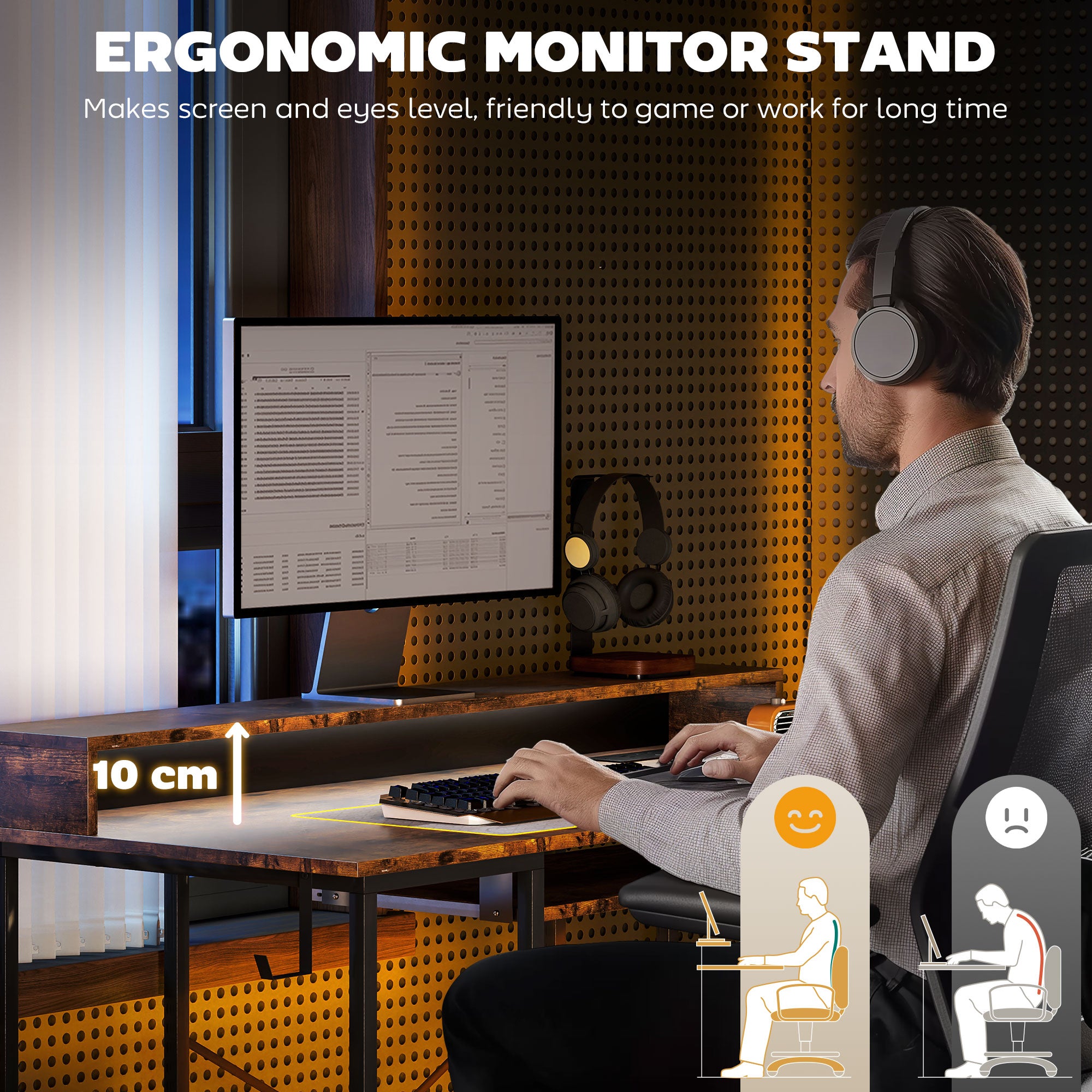 HOMCOM Reversible Computer Desk with LED Lights and Power Outlets, 120 x 55 cm Gaming Desk with Monitor Stand, Sliding Keyboard Tray and Storage Shelves, Industrial Home Office Desk, Rustic Brown - North Peak Garden Furniture