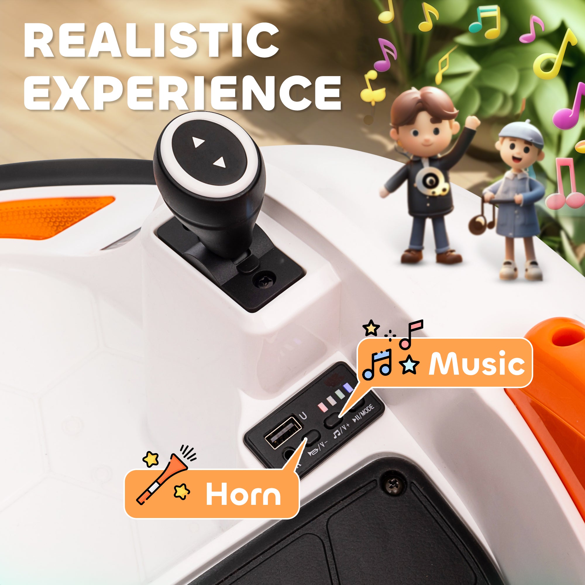 AIYAPLAY 360° Rotation Kids Bumper Car, 12V Waltzer Car with Remote Control, Dual Joysticks, Music Lights, Orange - North Peak Garden Furniture