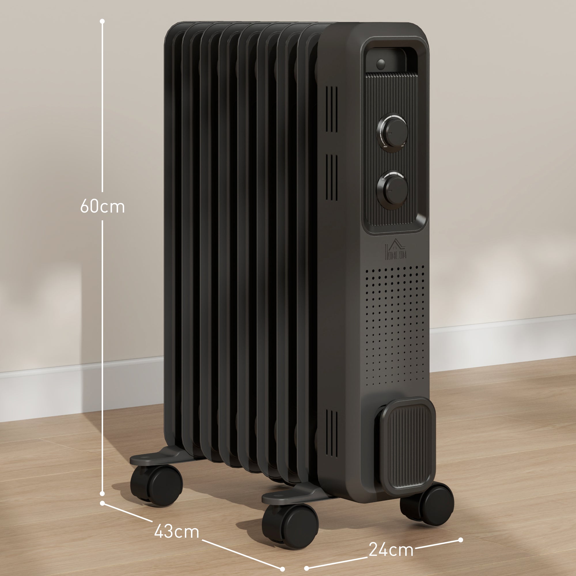 HOMCOM 2000W Oil Filled Radiator, 9 Fin, Portable Electric Heater with 3 Heat Settings, Safety Cut-Off and Wheels, Grey - North Peak Garden Furniture